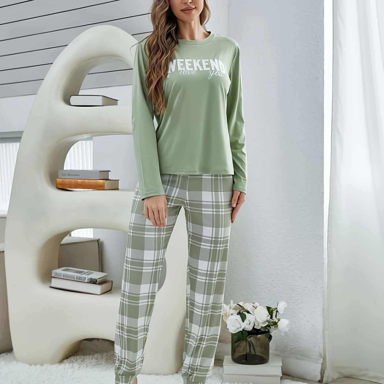 

Women's Long-sleeve Round Neck Pajamas With Letter Prints, Checkered Long Pants, Sleepwear And Loungewear.