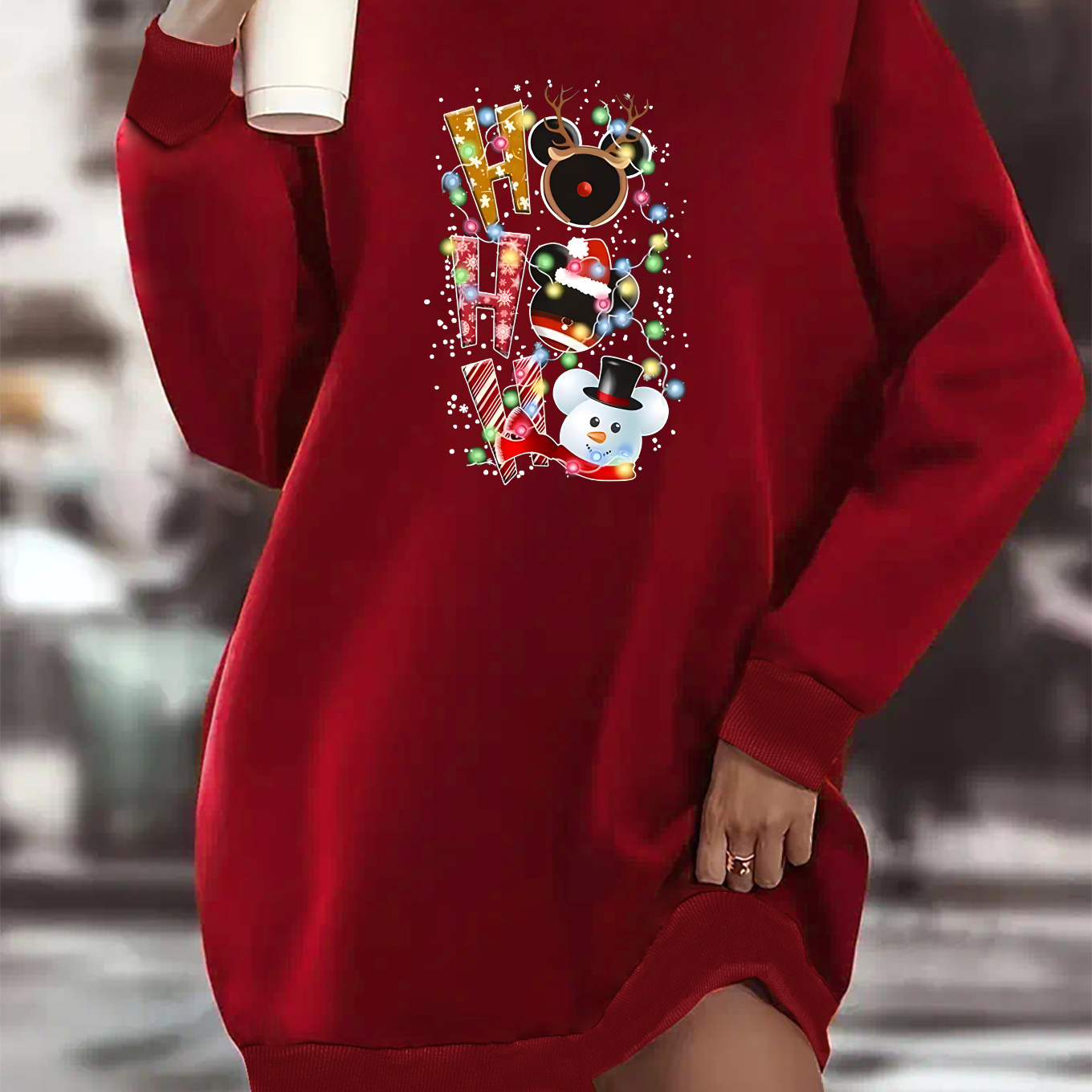 

Plus Size Women's Casual Christmas Print Sweatshirt Dress, Casual Long Sleeve Fleece Lined Dress, Autumn/winter Wear