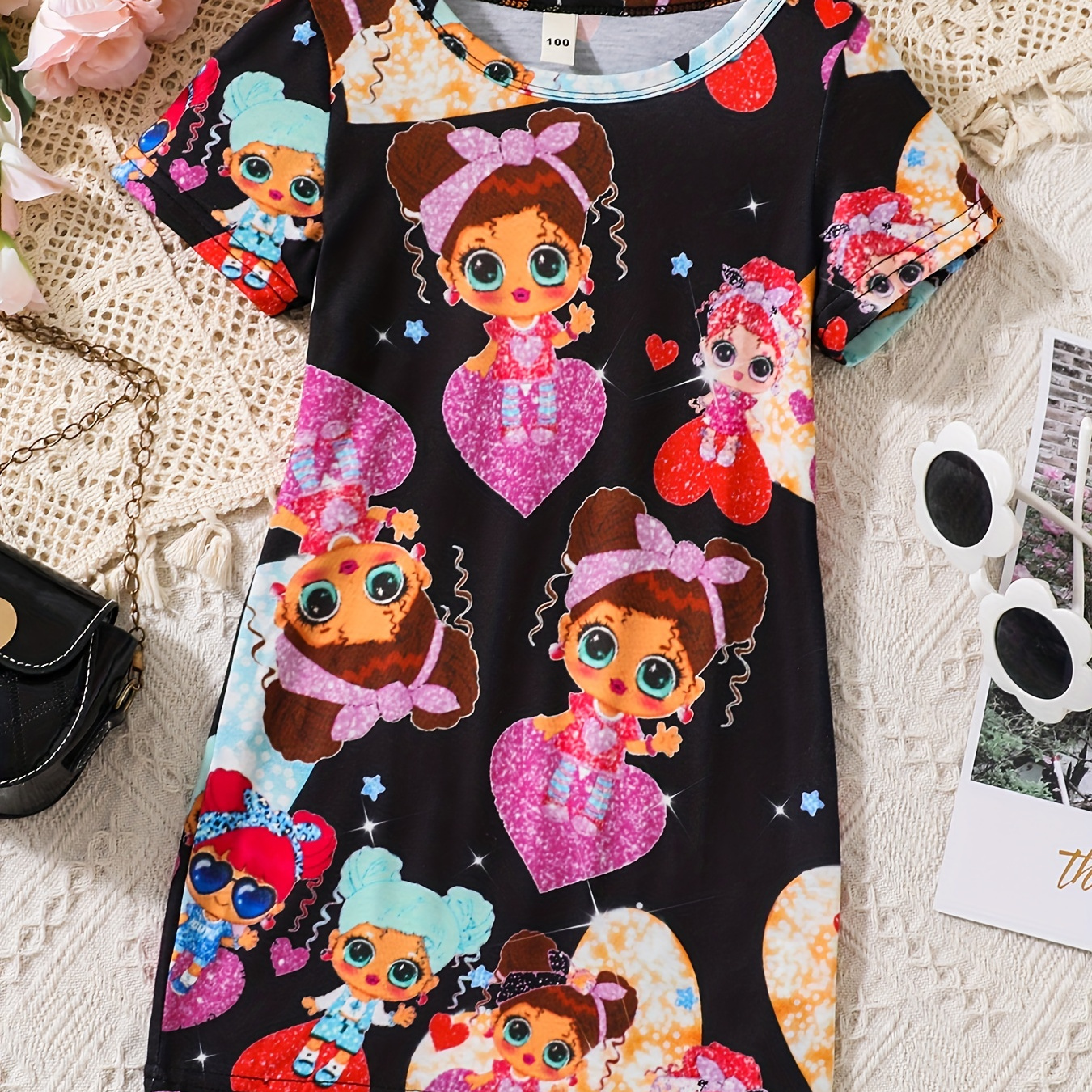 Toddler Girls Cute Cartoon 'shiny Girl' Graphic Crew Neck Casual T-shirt Dress For Party Kids Summer Clothes