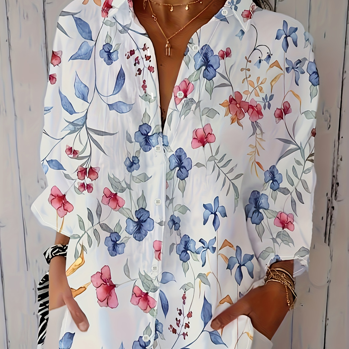 

Plus Size Floral Print V-neck Blouse Casual Polyester Woven Non-stretch Shirt For Women - Spring/fall Lightweight Breathable Top With Elegant