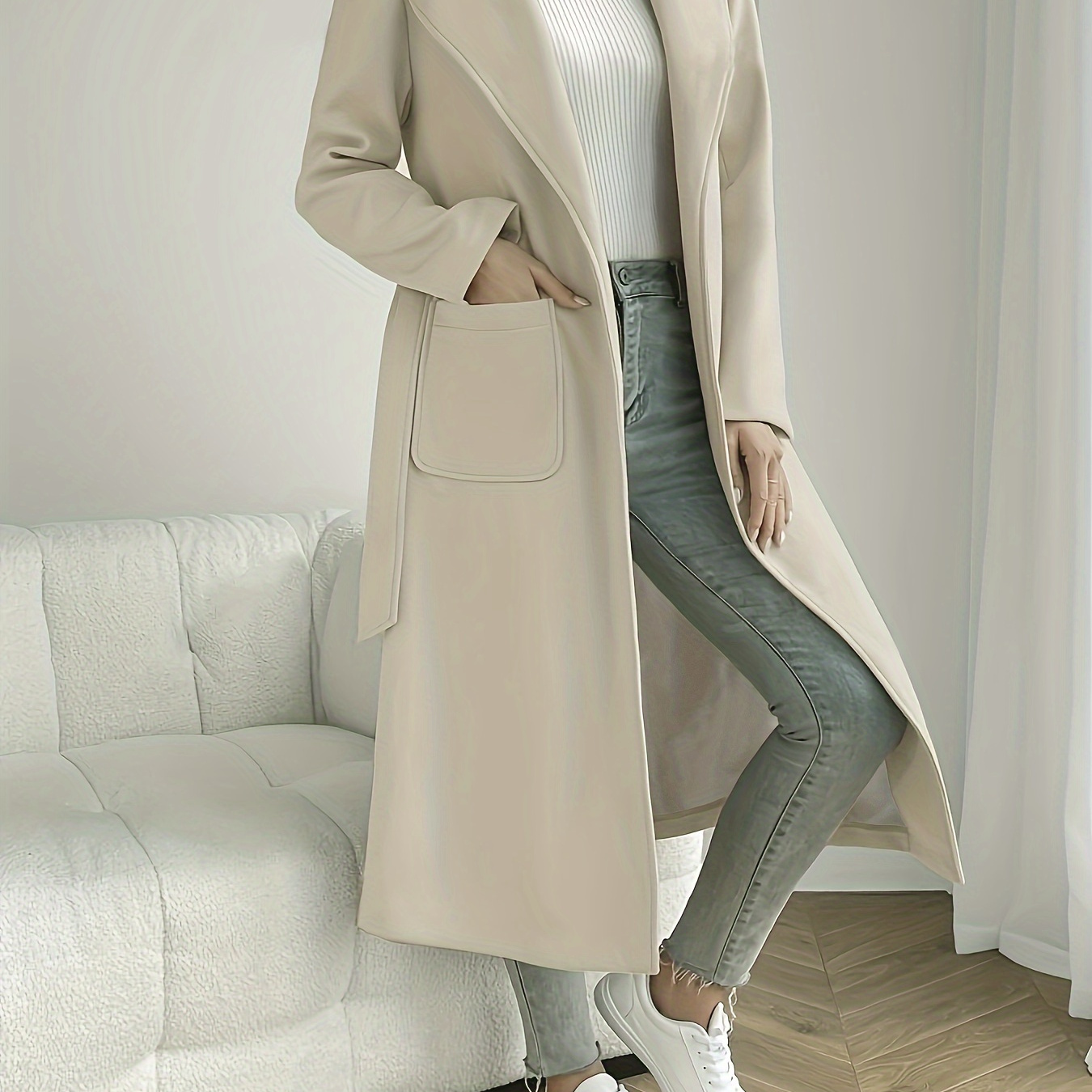 

Belted Overcoat, Long Lapel Mid-length Outerwear For & , Women's Clothing