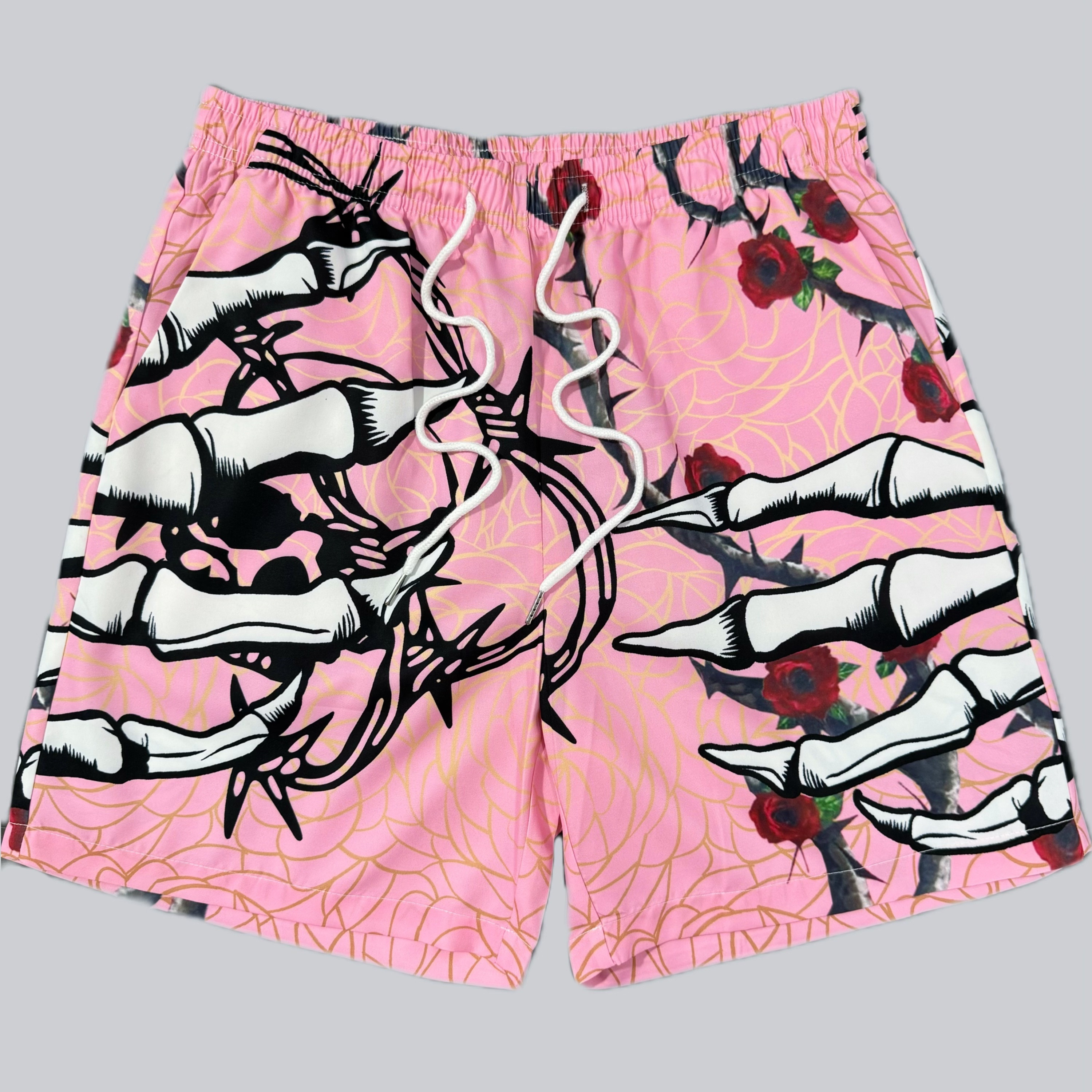 

Skeleton Thorn And Floral Pattern Men's Casual Shorts With Drawstring And Pockets, Novel And Chic Shorts For Summer Street And Holiday Wear