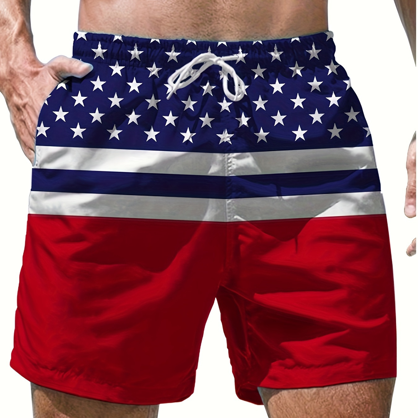 

Men's Patriotic Hawaiian Flag Beach Shorts - 3d , Quick-dry Polyester With Drawstring Waist, Casual & Comfortable For Summer, Beachwear Shorts|starspangled Print Pattern|