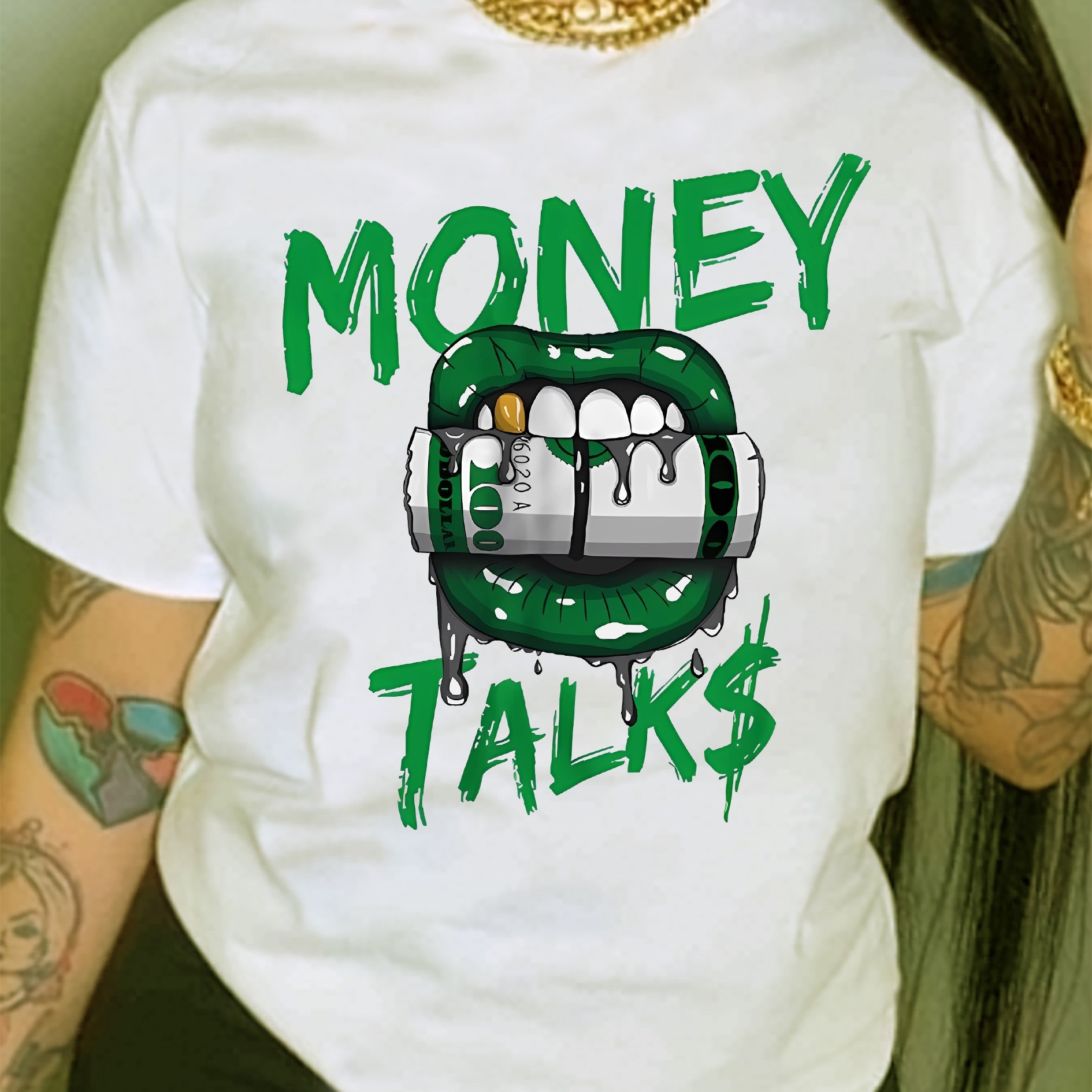 

Dollar & Mouth Print Crew Neck T-shirt, Casual Short Sleeve T-shirt For Spring & Summer, Women's Clothing