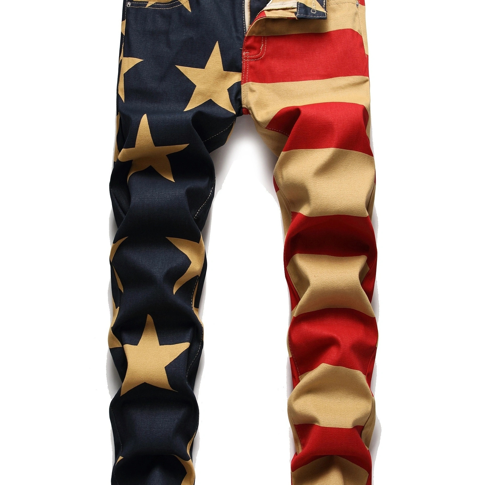 

Flag Print Jeans, Men's Casual Stree Style Color Block Denim Pants