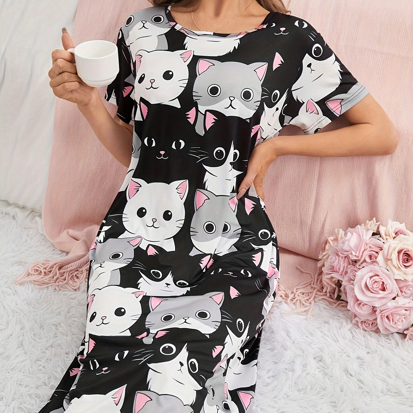 

Women's Cute Cat Print Nightgown - Comfy Stretch Short Sleeve Round Neck Sleep Dress, Breathable Polyester Blend