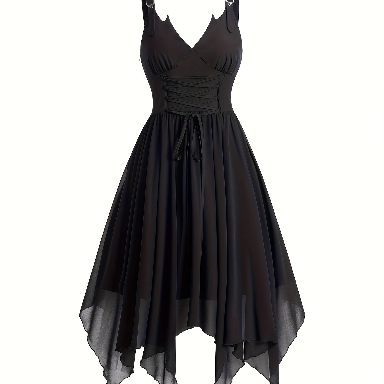 

Goth Lace Up Asymmetric Hem Tank Dress, Vintage Sleeveless Buckle Detail Waist Dress, Women's Clothing
