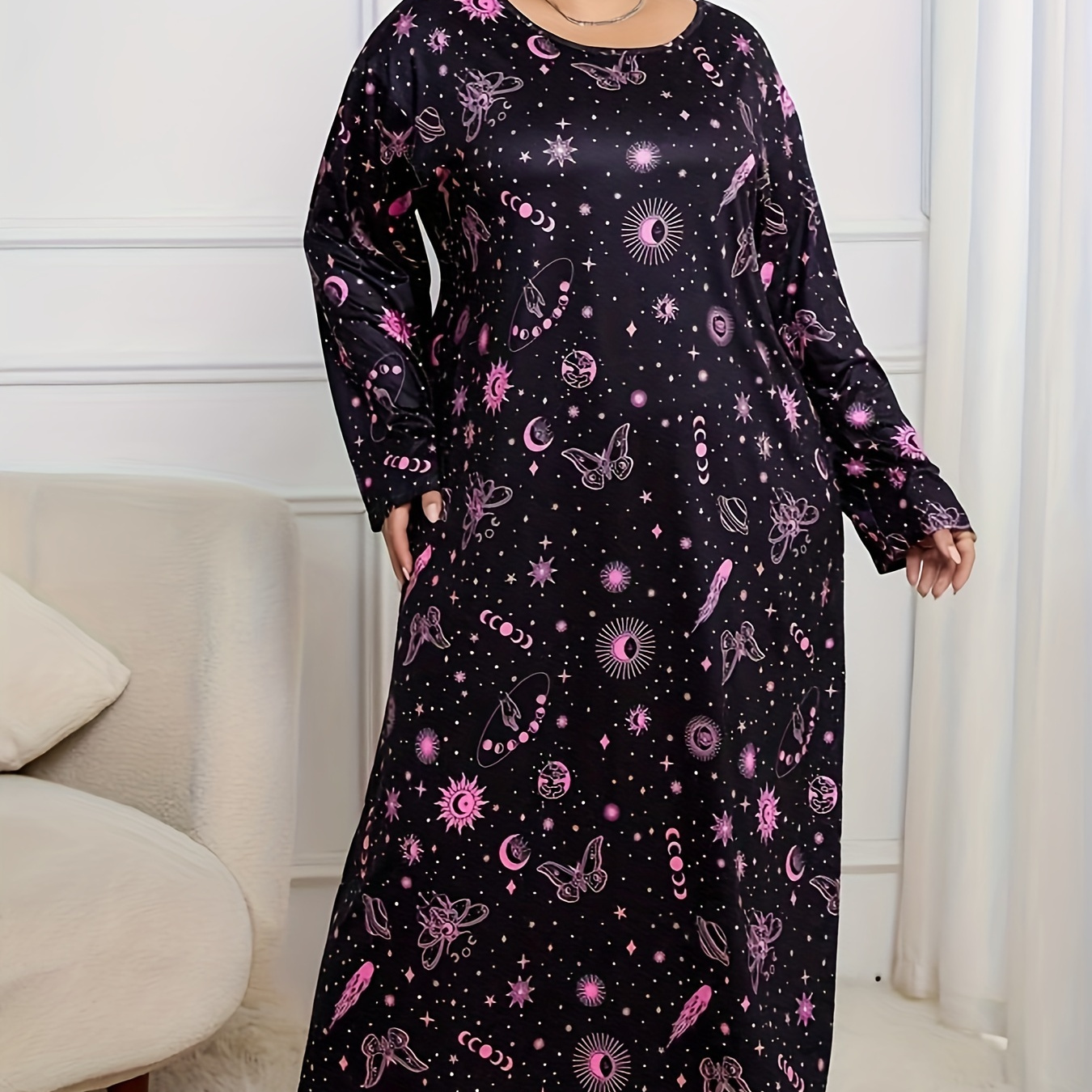 

Plus Size Casual Nightdress, Women's Plus Galaxy Print Long Sleeve Round Neck Tee Sleep Dress
