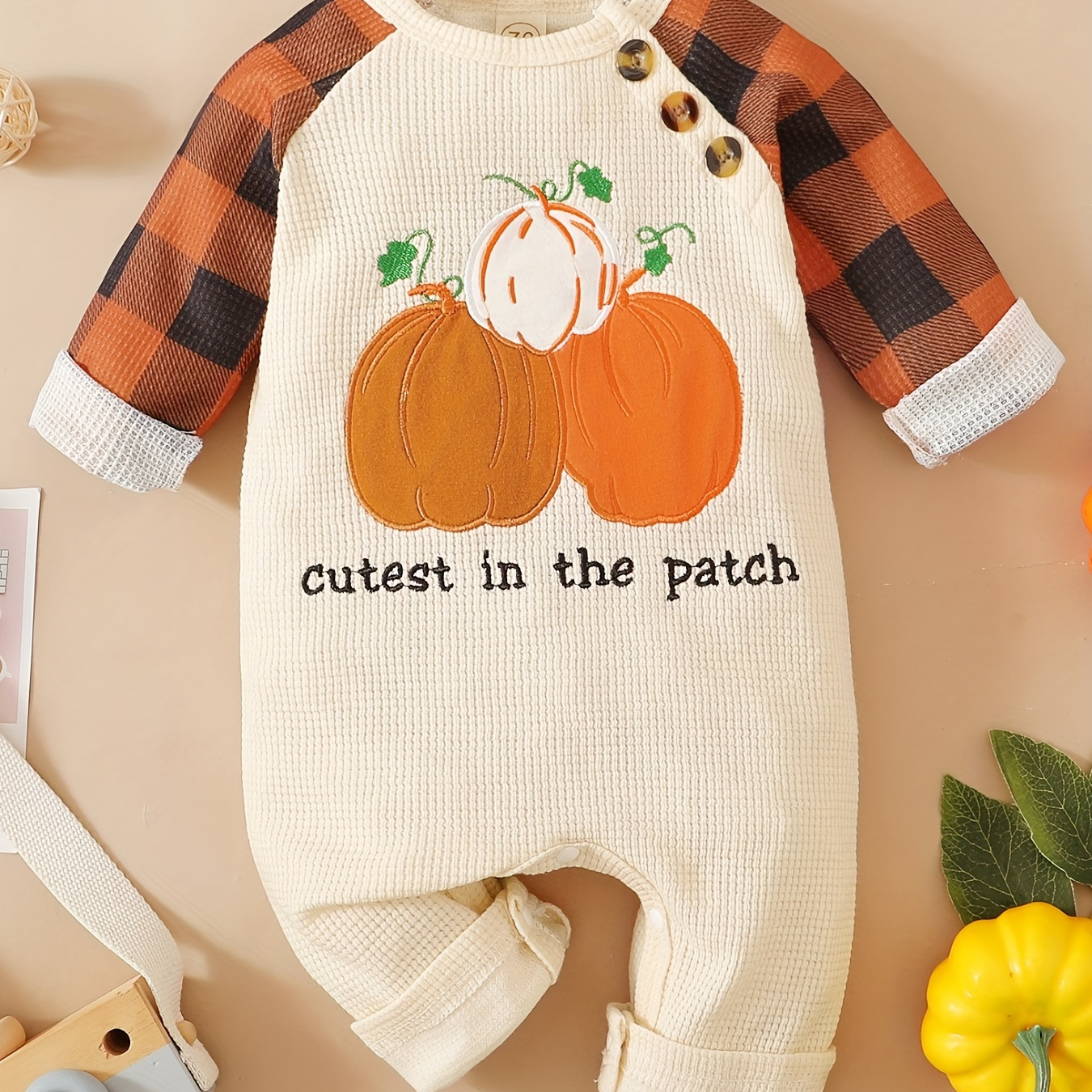 

Baby Boy Halloween Plaid Pumpkin & Cutest In The Patch Letters Embroidered Romper, Cute Festival Outfits