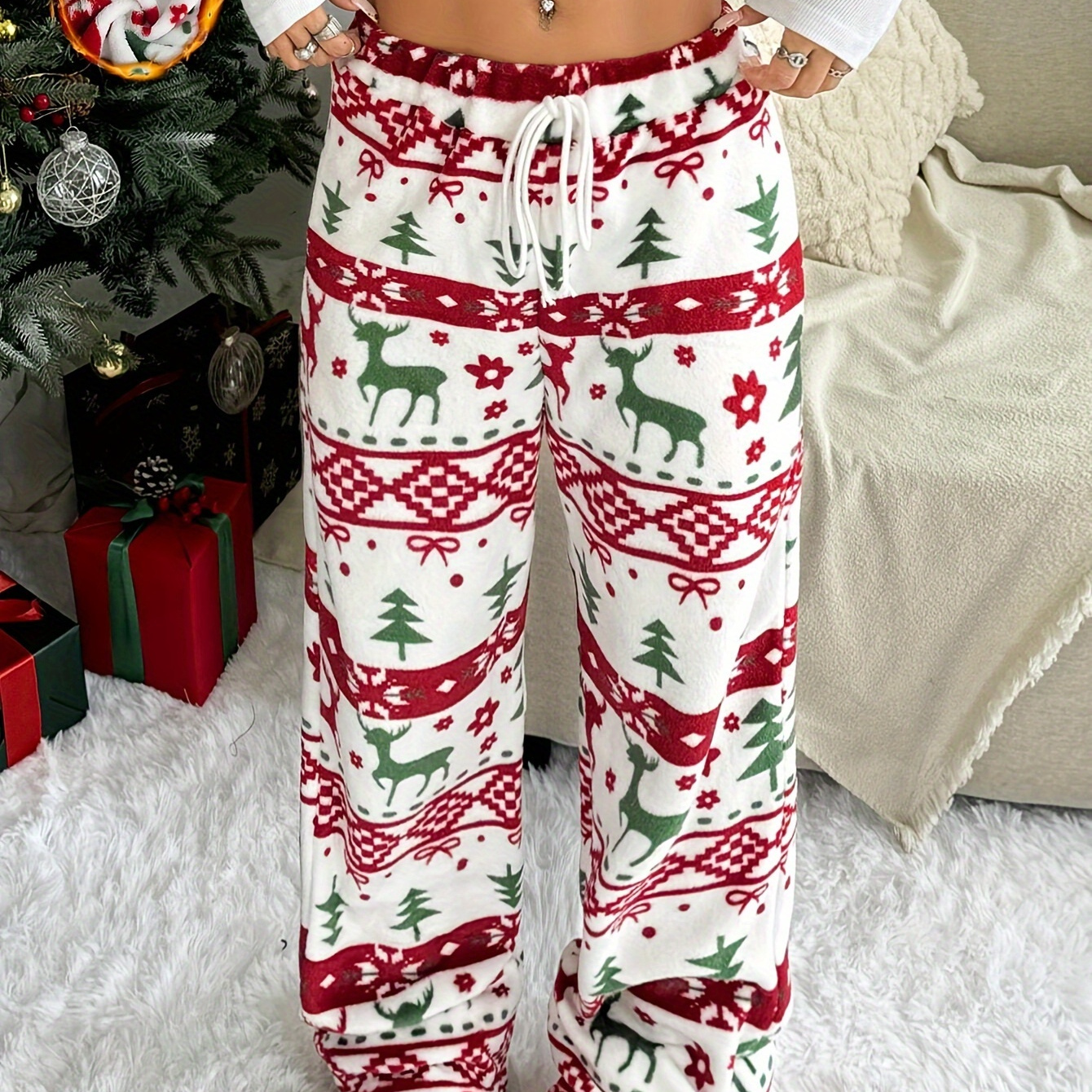 

Cozy Christmas Reindeer & Print Women's Pajama Pants - Plush Polyester, Loose Fit With Drawstring, Machine Washable, Straight-leg Trousers For Autumn/winter