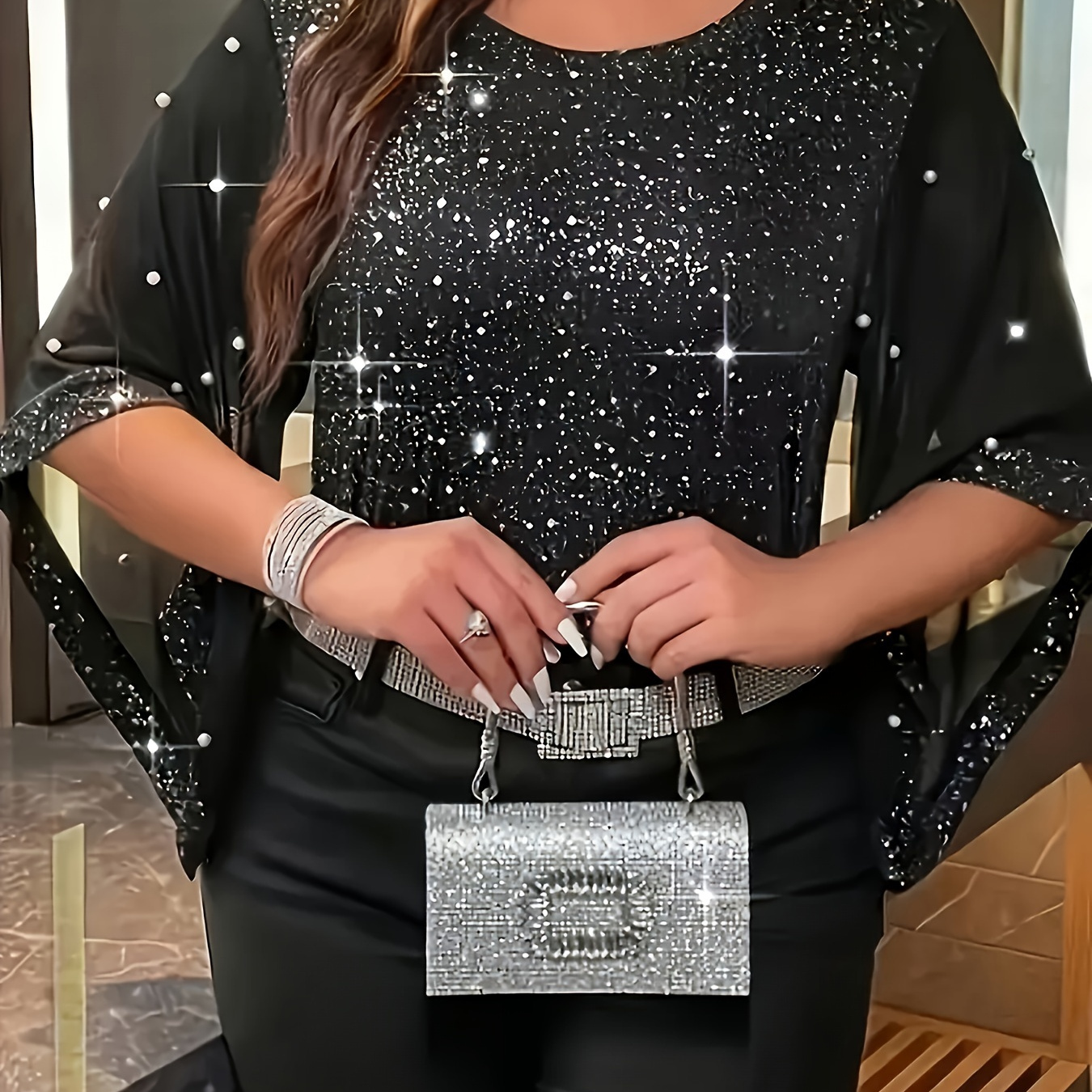 

Solid Beaded Top, Round Neck Top With Irregular Sleeves, Suitable For Spring And Summer, Fashionable Ladies Top