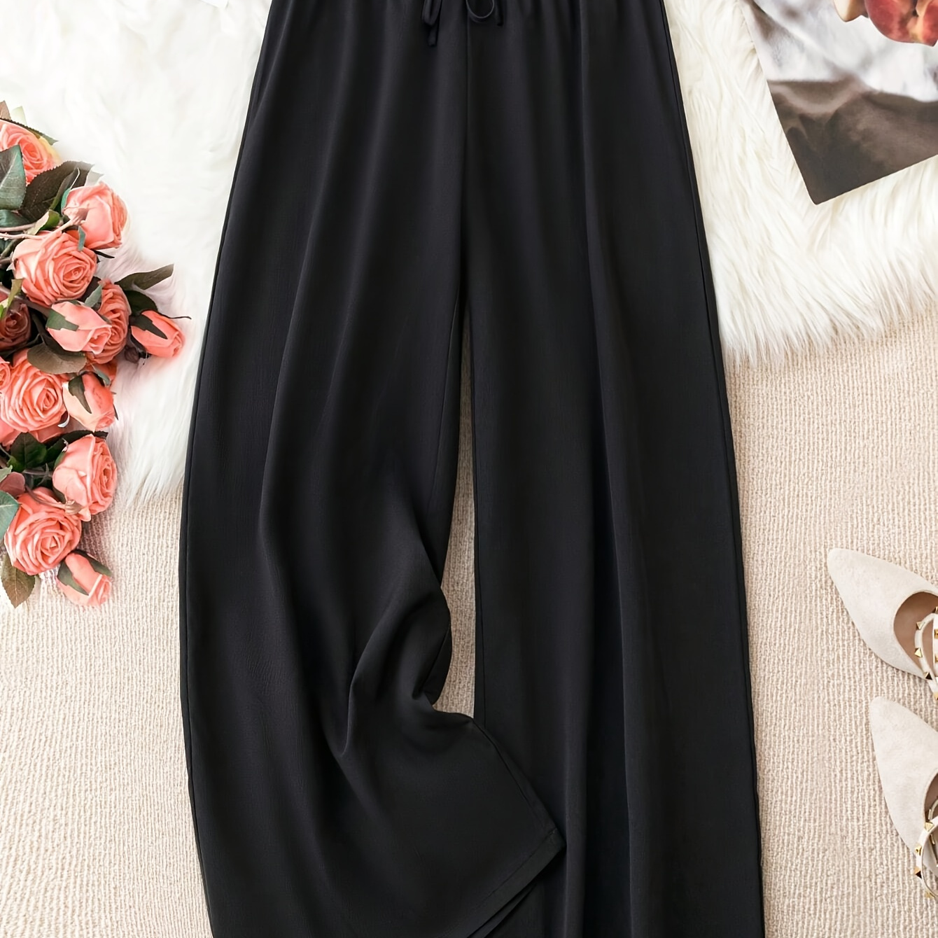 

Plus Size Solid Simple Wide Leg Pants, Casual Elastic Waist Pants For Spring & Fall, Women's Plus Size Clothing