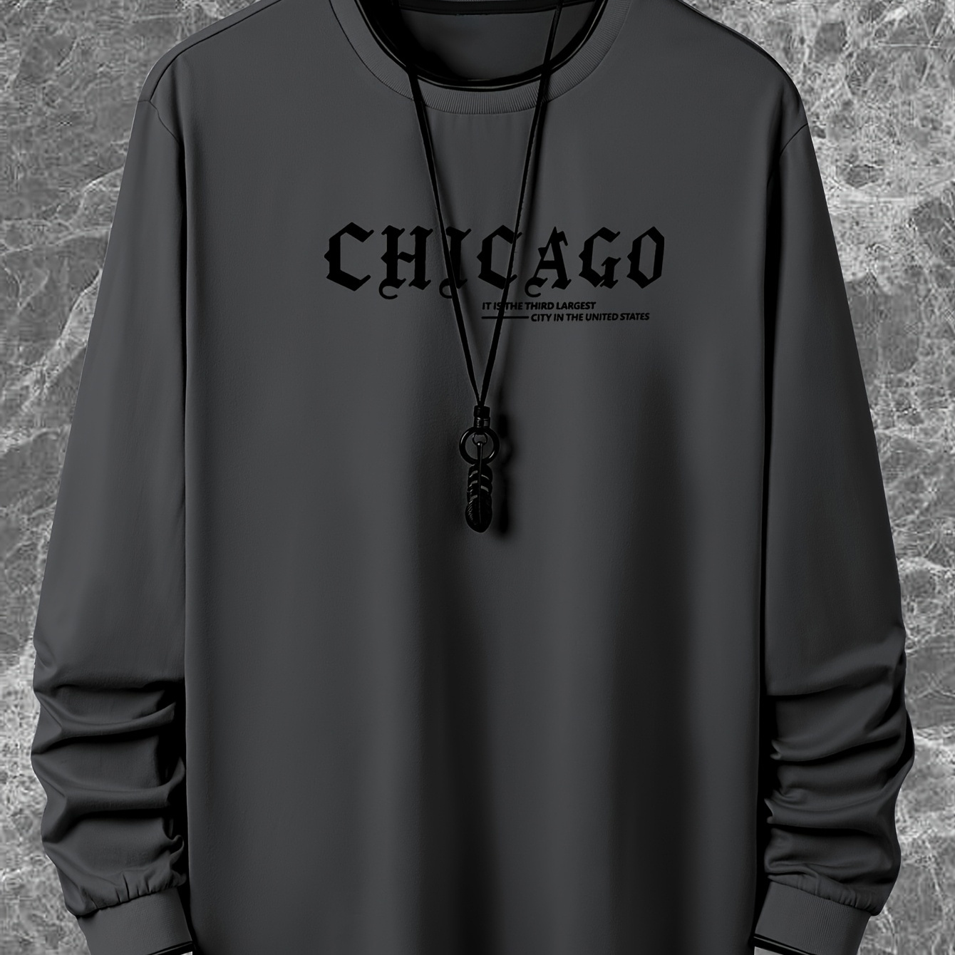 

Men' Gothic Style Chicago Letter Print Stretchy Crew Neck Long Sleeve, Casual Pullover For And Outdoor Activities