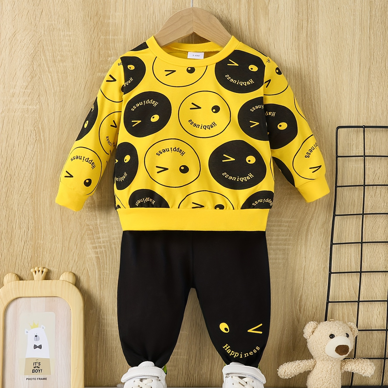 

2pcs Infant & Toddler's Cartoon Wink Face Print Long Sleeve Set, Sweatshirt & Casual Pants, Baby Boy's Clothes