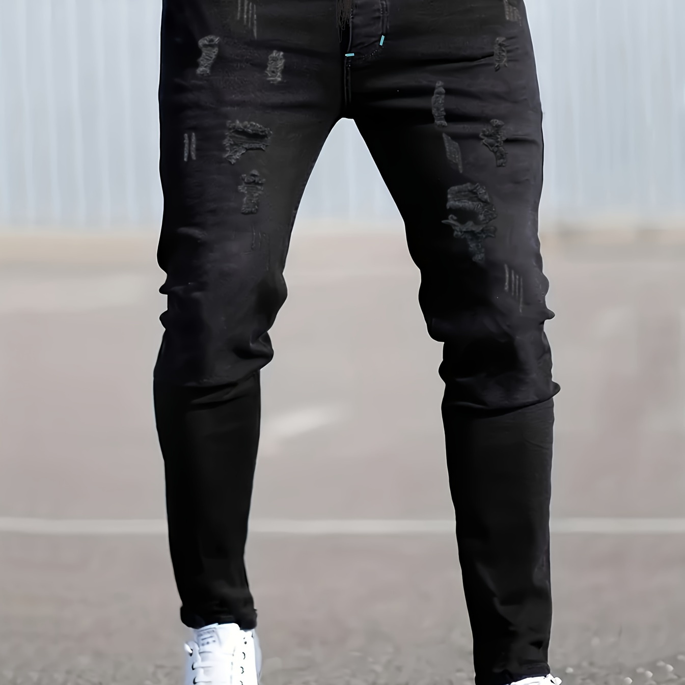 

Men's Slim-fit Black Ripped Jeans - Cotton , Stretch Denim With Distressed Detail, Machine Washable