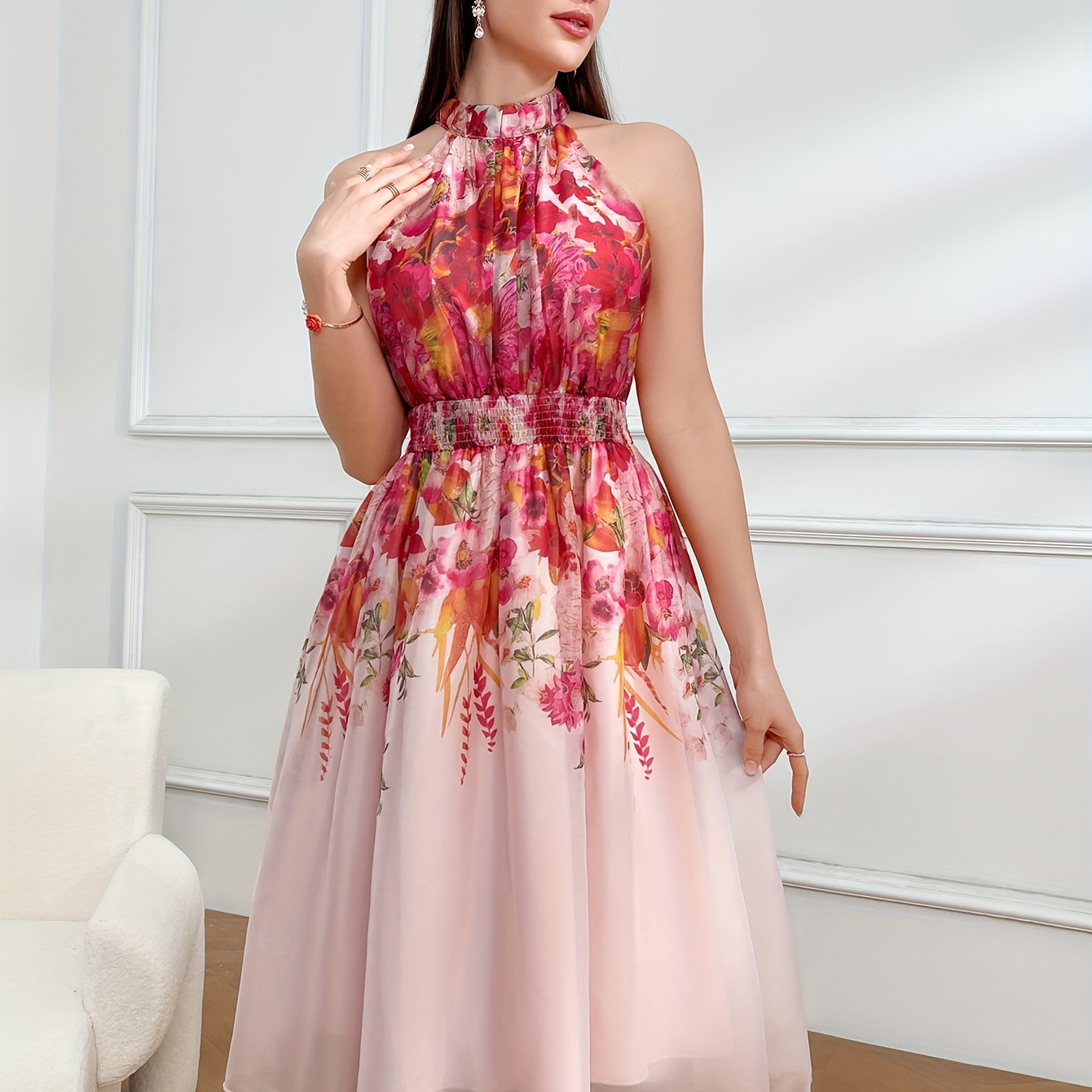 

Floral Print Mock Neck Dress, Elegant Shirred Waist Sleeveless High Waist A-line Ruched Dress, Women's Clothing