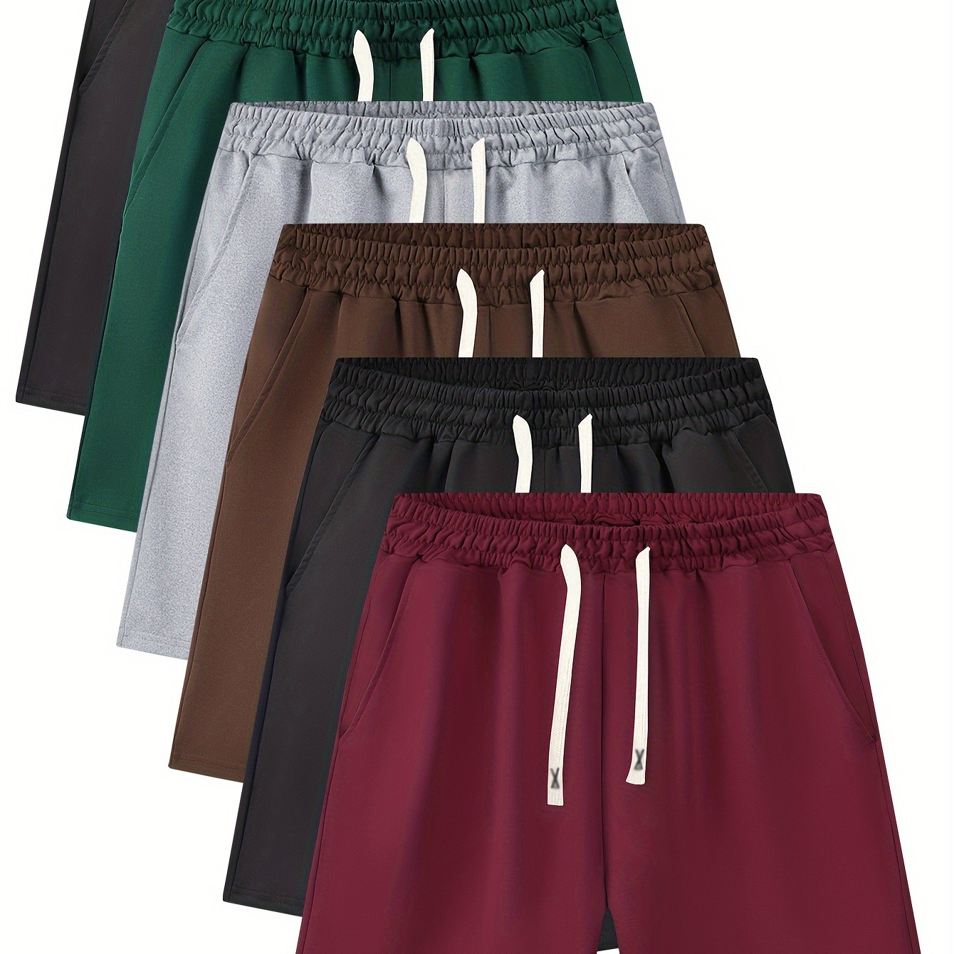 

6pcs Men's Casual Simple Solid Color Active Shorts, Chic Drawstring Beach Shorts For Summer