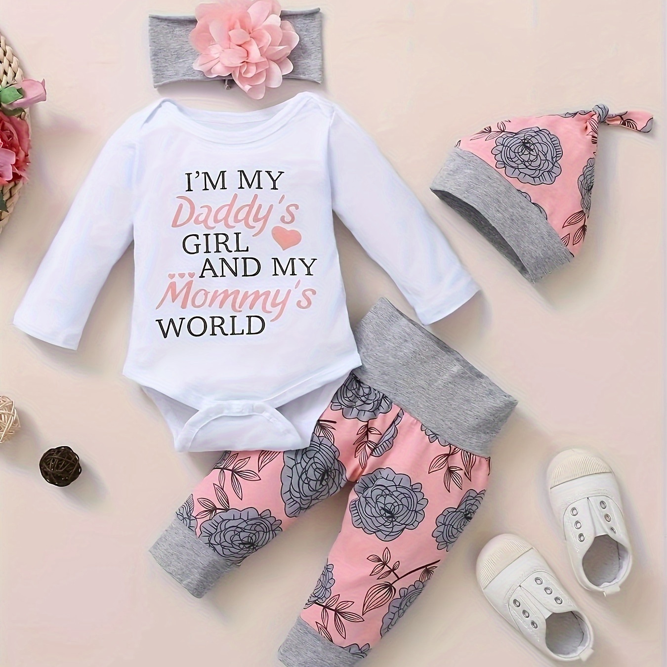 

Newborn Baby Girls Cute Letter Of Love Print Long Sleeve Bodysuit Top Floral Pants Clothes Set