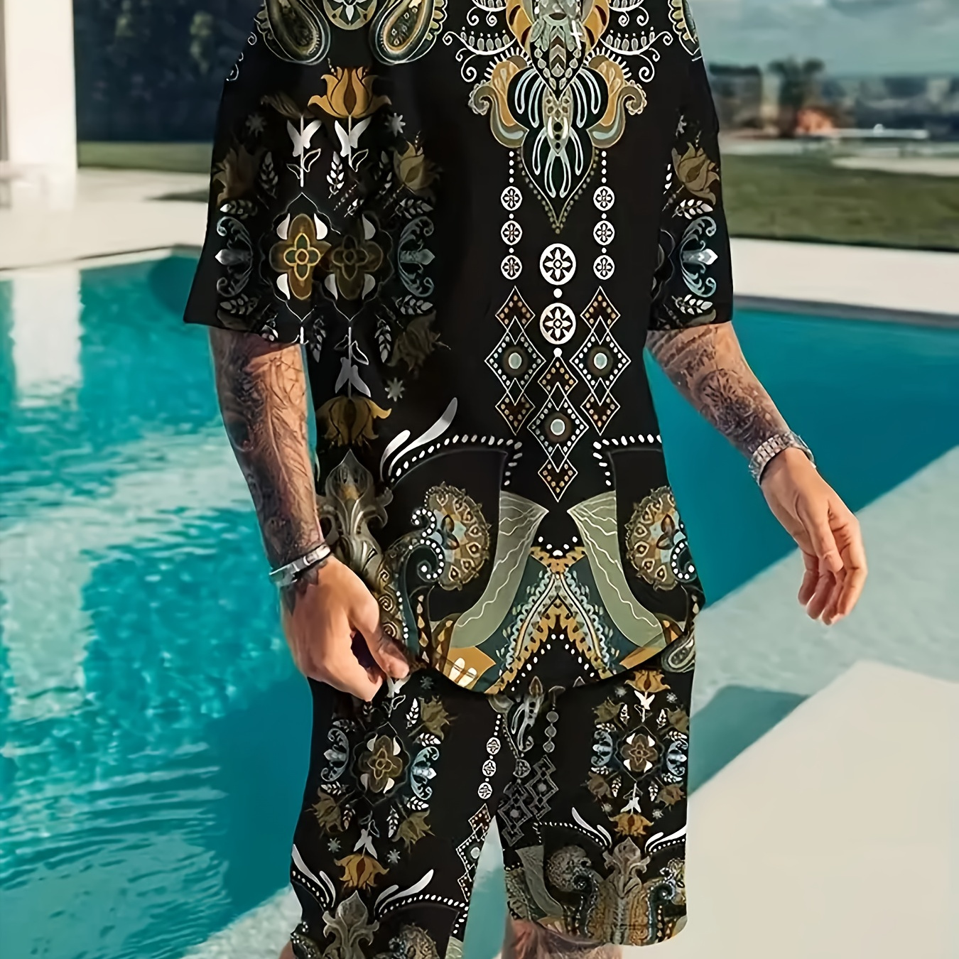 

Plus Size Men'outfit, Ethnic Pattern Casual Crew Neck Short Sleeve T-shirt & Drawstring Shorts 2-piece Set For Summer Outdoor Activities