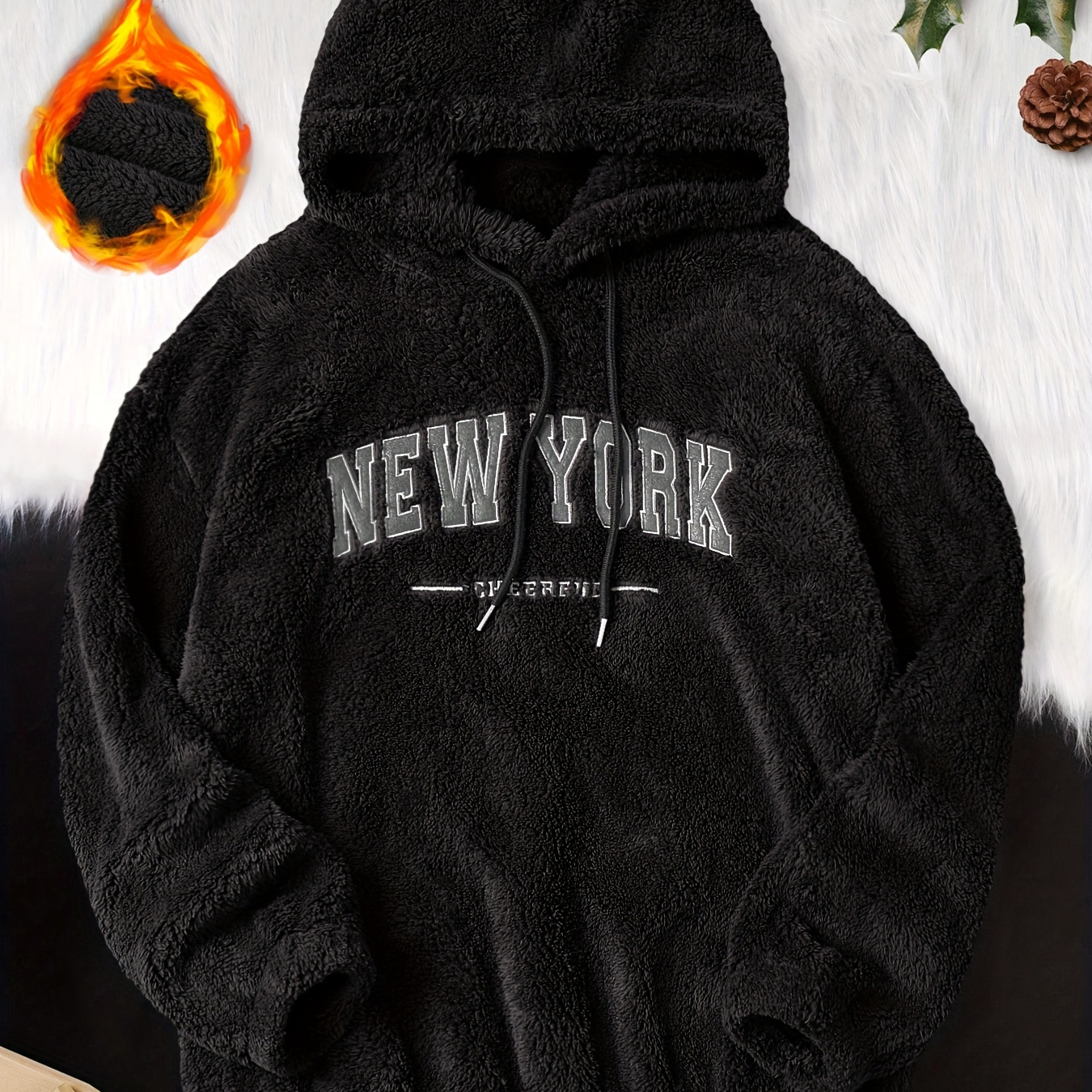 

Loose Fit Men's Cozy Warm Fleece Hoodie With Drop Shoulder And Embroidered Letters "new ", Back To School For Winter/fall