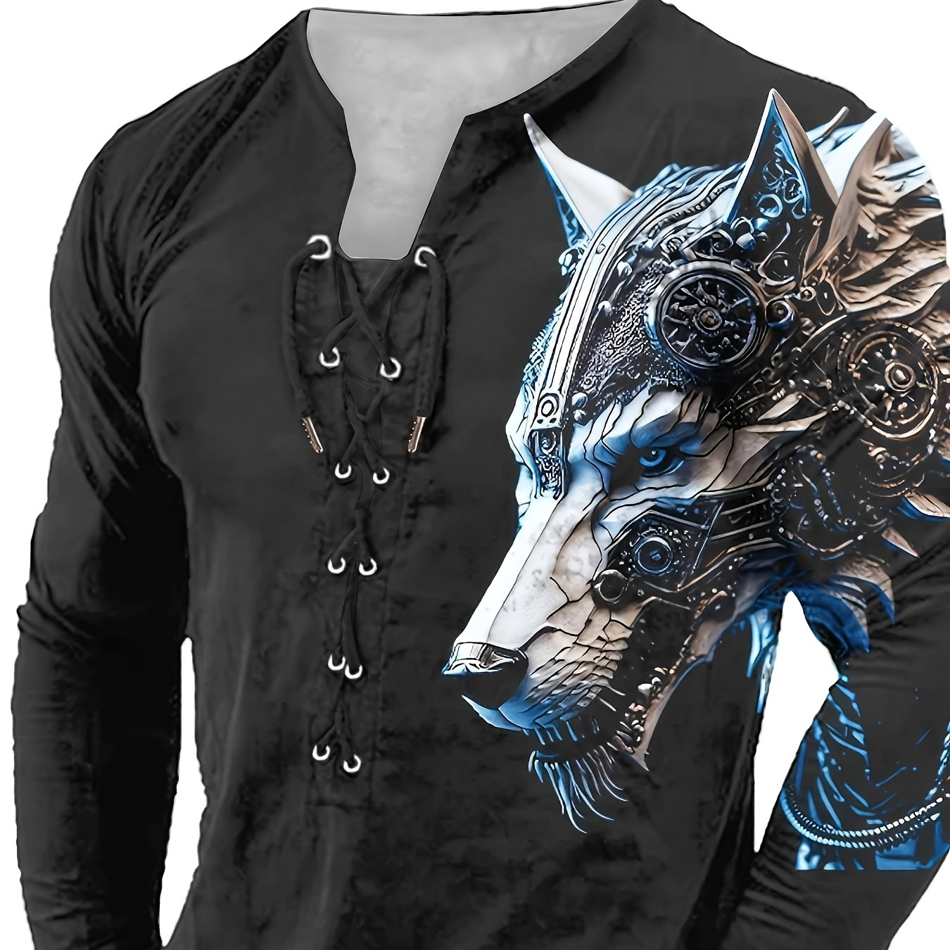 

Gear Style Wolf 3d Print Men's Long Sleeve Henley Shirt, Men's Trendy Spring Fall Top