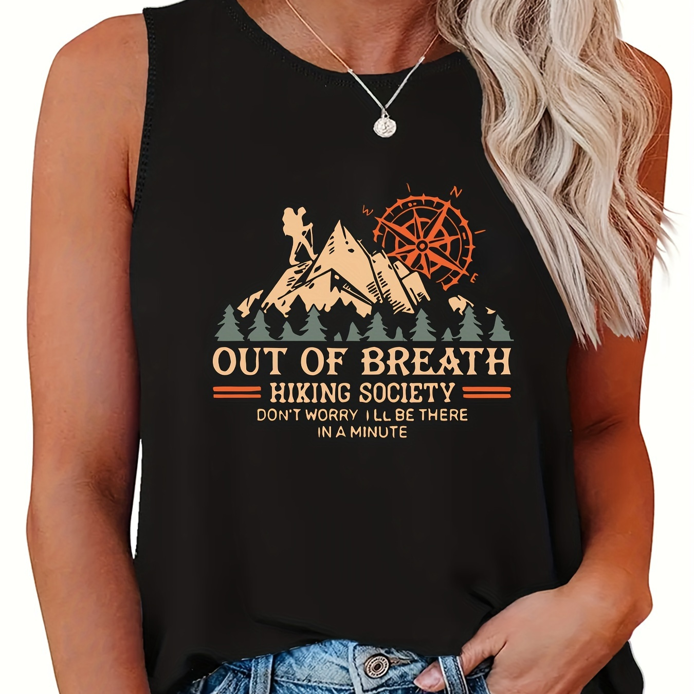 

Women's Fashion Sleeveless Tank Top, Casual Round Neck T-shirt, Graphic "out Of Breath Hiking Society" Design With Mountain And Compass, Contrast Lettering