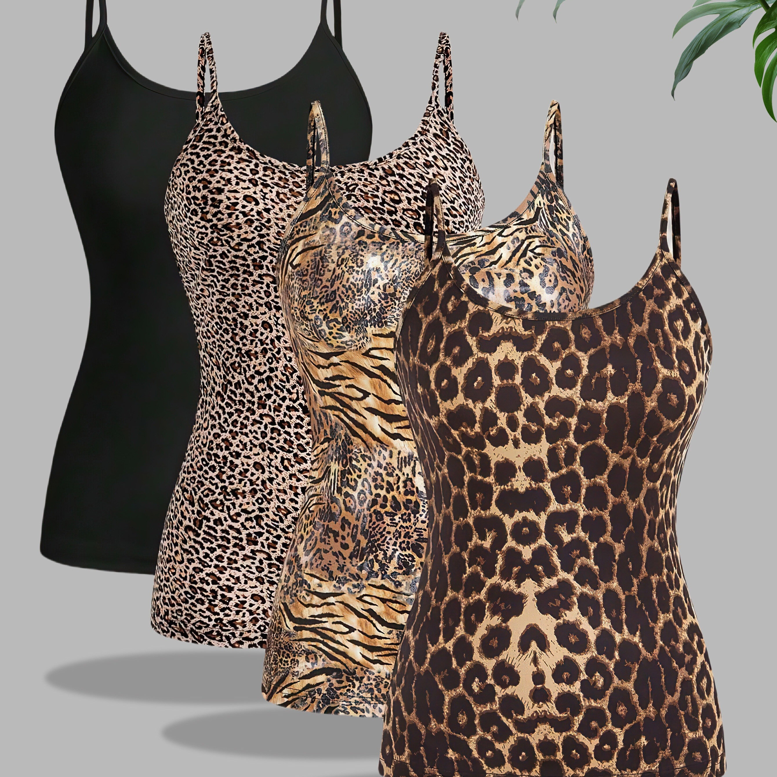 

Leopard Print Camisole Tank Tops Set Of 4, Women's Polyester Spaghetti Strap Knit Tanks - Pack With Strapless Detail, Leopard Pattern, For Spring/summer/fall