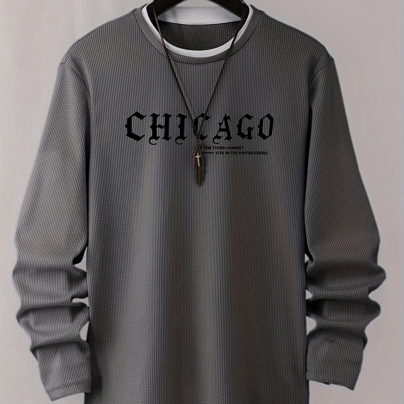 

1pc Men's Casual Crew Neck Long Sleeve T-shirt With Chicago Print, Polyester Knit Fabric, Medium Stretch, Regular Fit