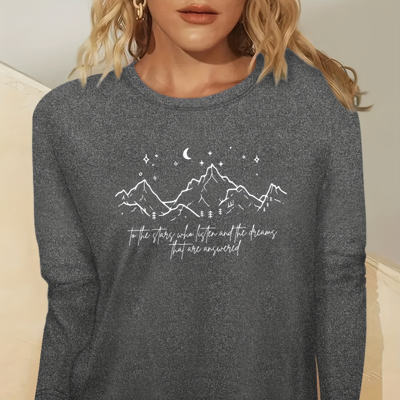 

Women's Casual Crew Neck Long Sleeve T-shirt With Mountain Landscape Applique, 100% Polyester Knit Fabric With Slight Stretch, Pullover Style - All Season Wear