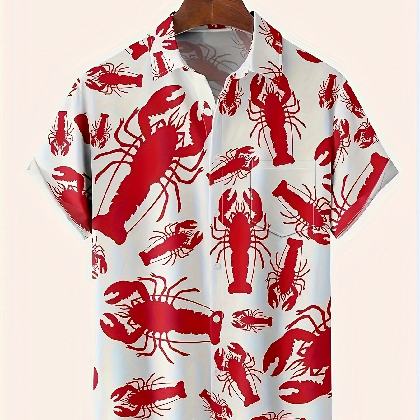 

Hawaiian Lobster Print Men's Casual Shirt, Beach Travel Top, Fashionable Short Sleeve Summer Wear, For Beach Outdoor Holiday