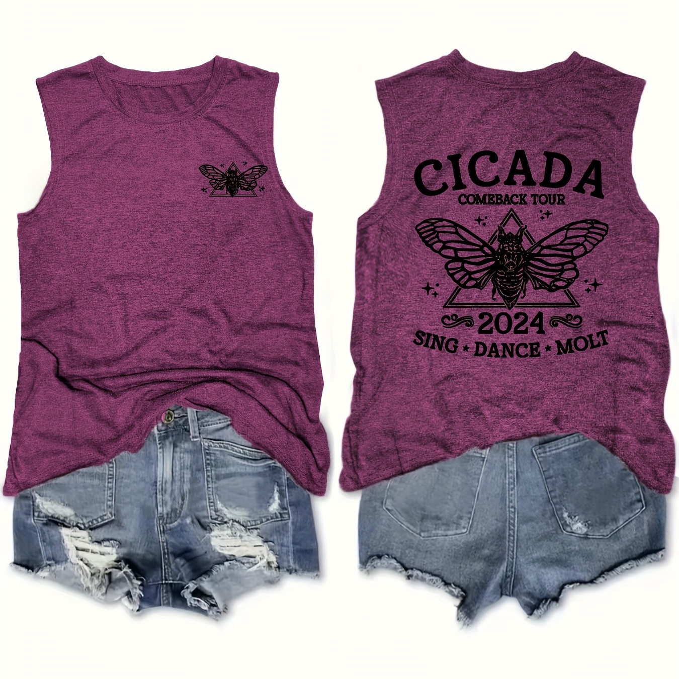 

Cicada Print Versatile Simple Tank Top, Casual Crew Neck Summer & Spring Sleeveless Top, Women's Clothing