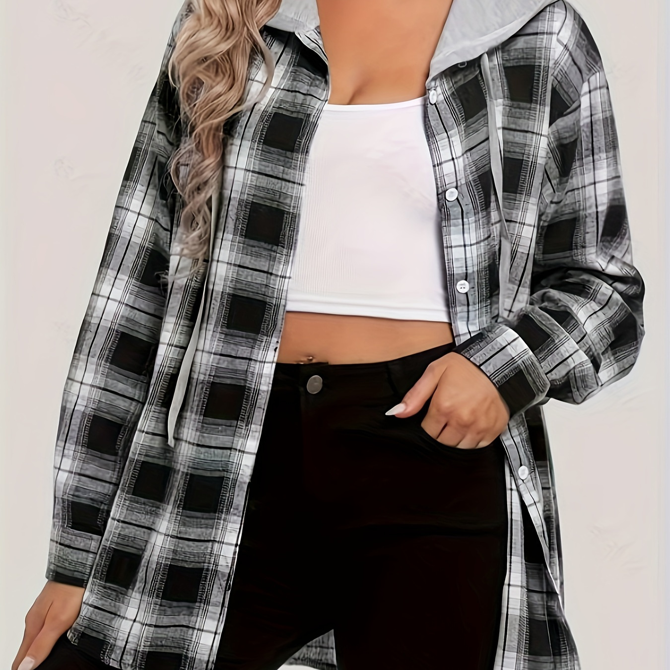 

Plaid Print Button Hooded Blouse, Casual Long Sleeve Drawstring Blouse, Women's Clothing