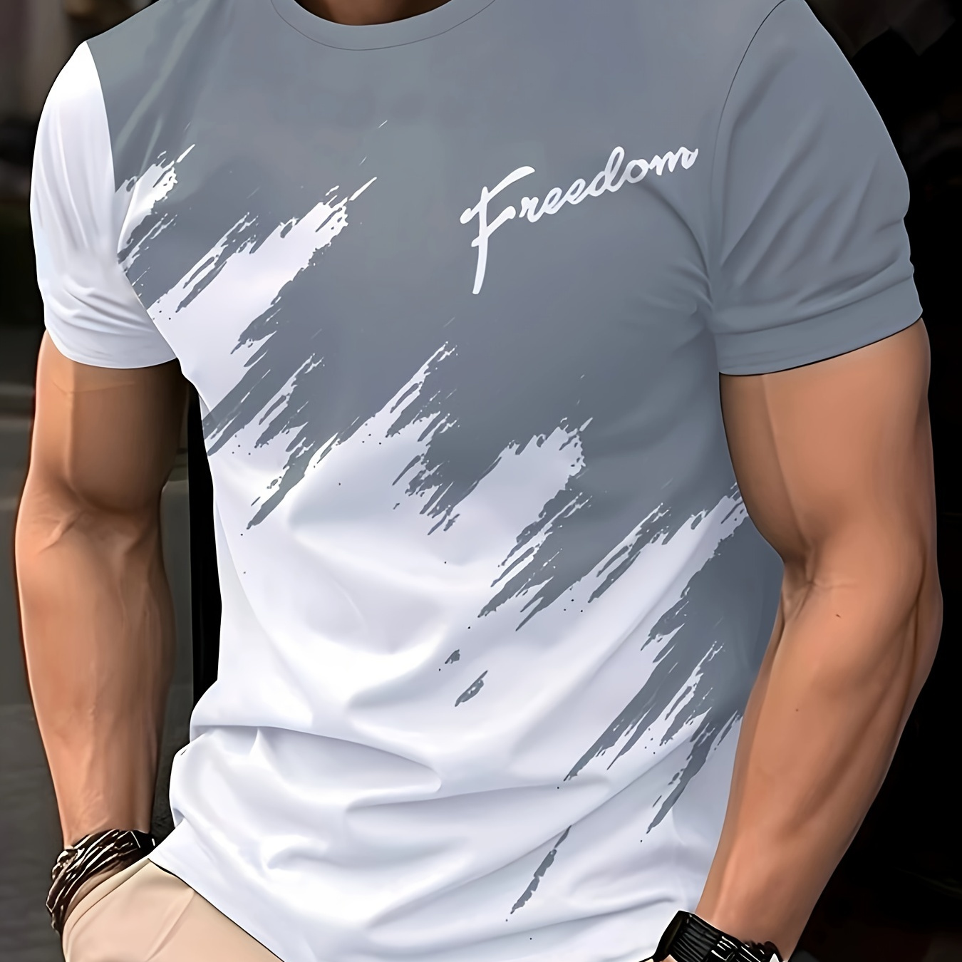 

Men's Casual Crew Neck T-shirt With Geometric Print - Soft Polyester, Non-transparent, Knit Fabric