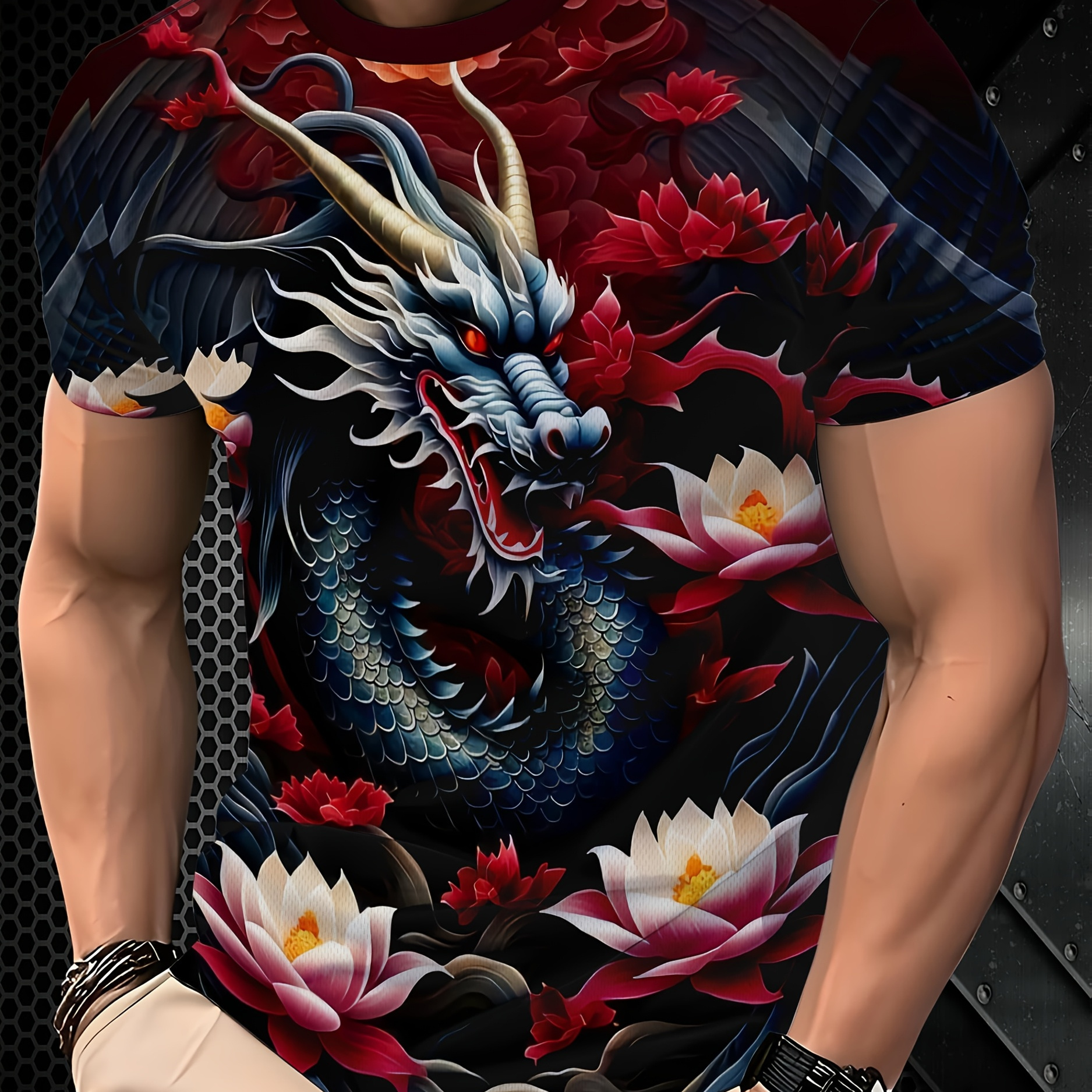 

1pc Men's 3d Dragon Print T-shirt, Casual Short Sleeve , Polyester Knit Fabric, Round Neck, Regular Fit, High- Graphic Tee For Adult Men