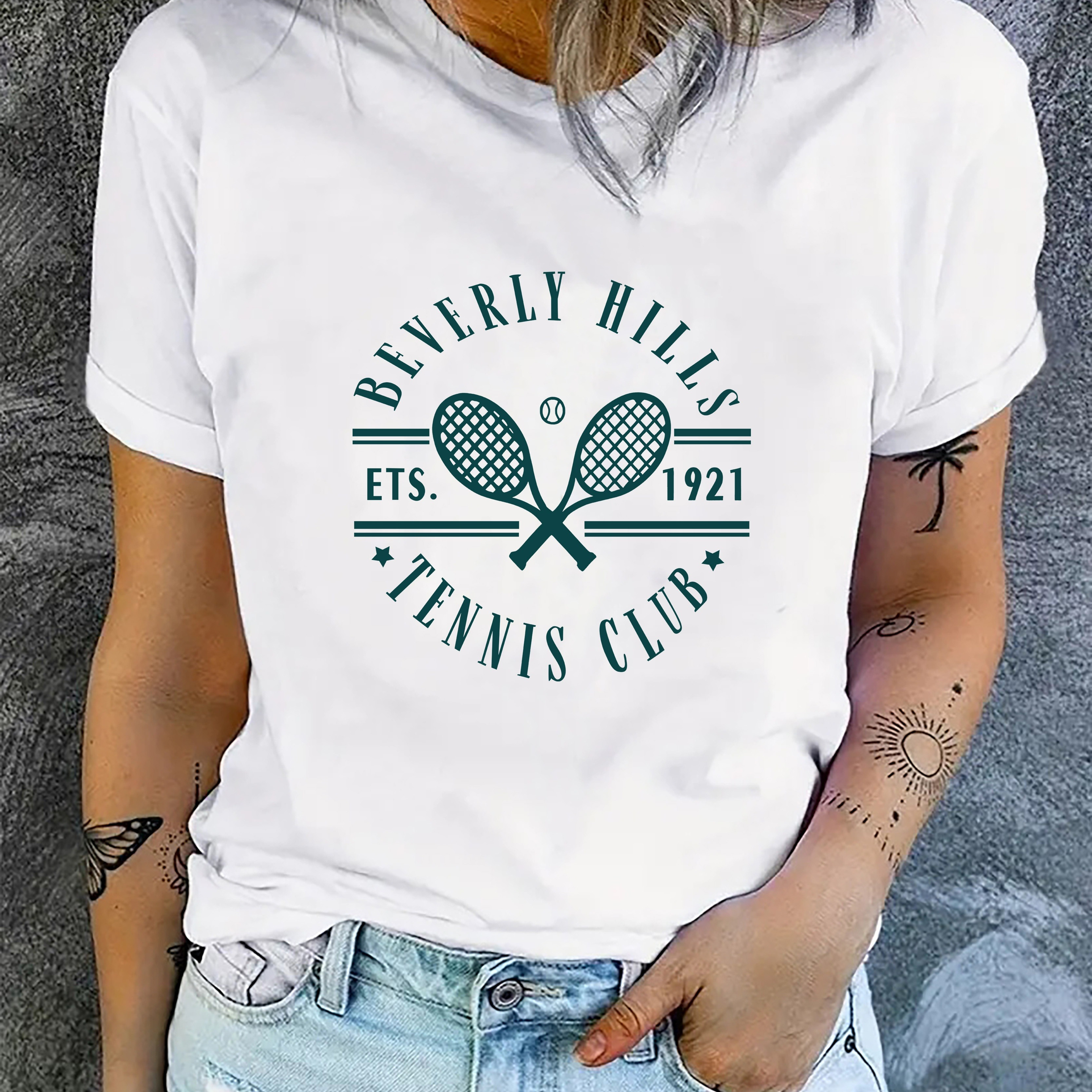 

Beverly Hills Tennis Club Print T-shirt, Casual Crew Neck Short Sleeve Top, Women's Clothing