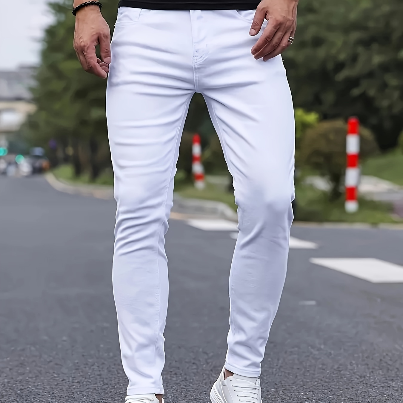 

Men's Solid Slim Fit Pants For Outdoor Daily Life, Trend Casual Trousers For Males