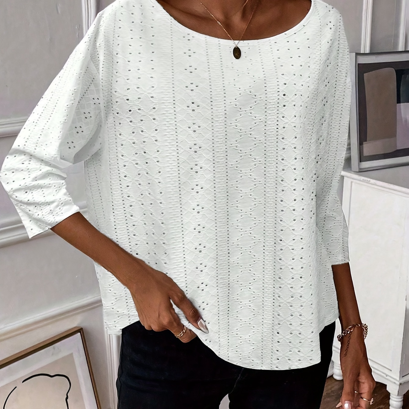 

Eyelet Embroidered Crew Neck T-shirt, Elegant Three-quarter Sleeve T-shirt For Spring & Fall, Women's Clothing