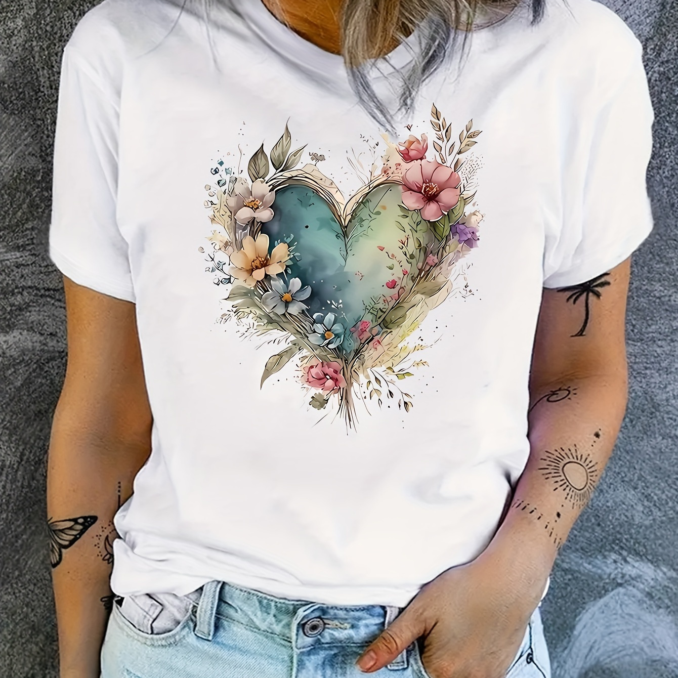 

Heart Print Short Sleeve T-shirt, Casual Crew Neck Top For , Women's Clothing