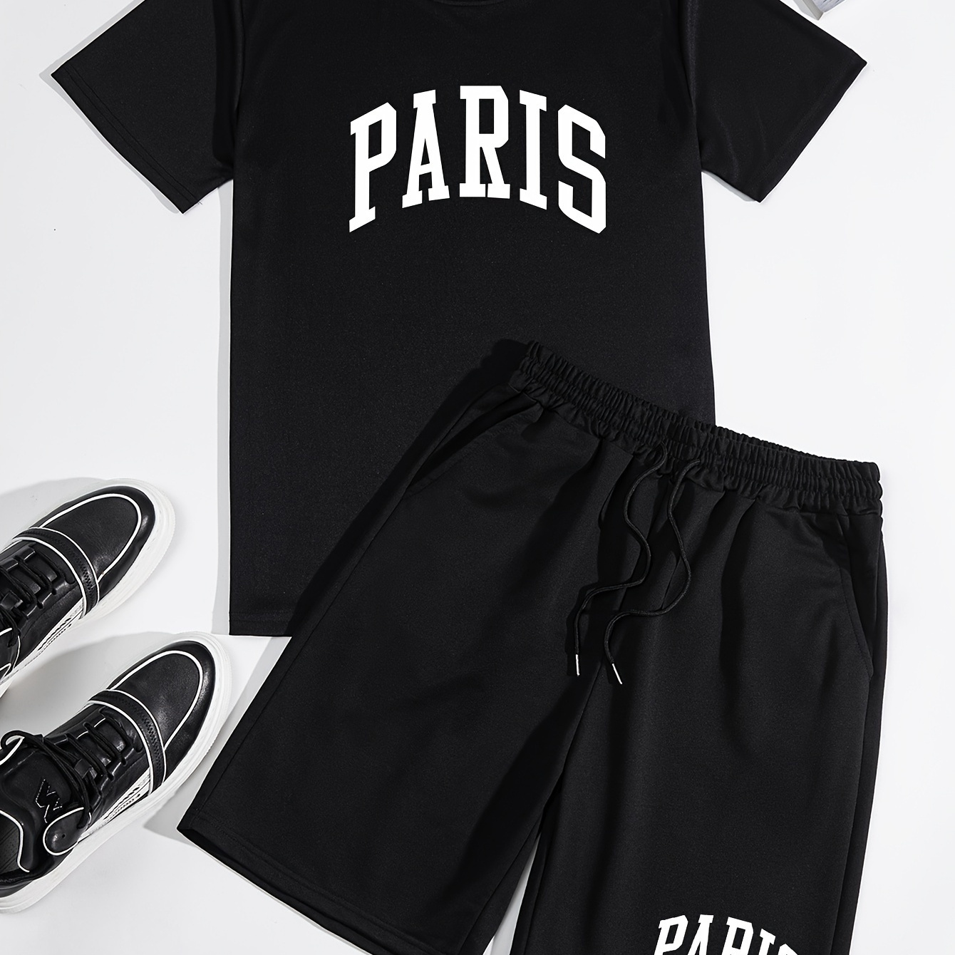 

'paris' Print Men's 2pcs, Casual T-shirt & Loose Drawstring Shorts For Summer, Men's Pajamas Set