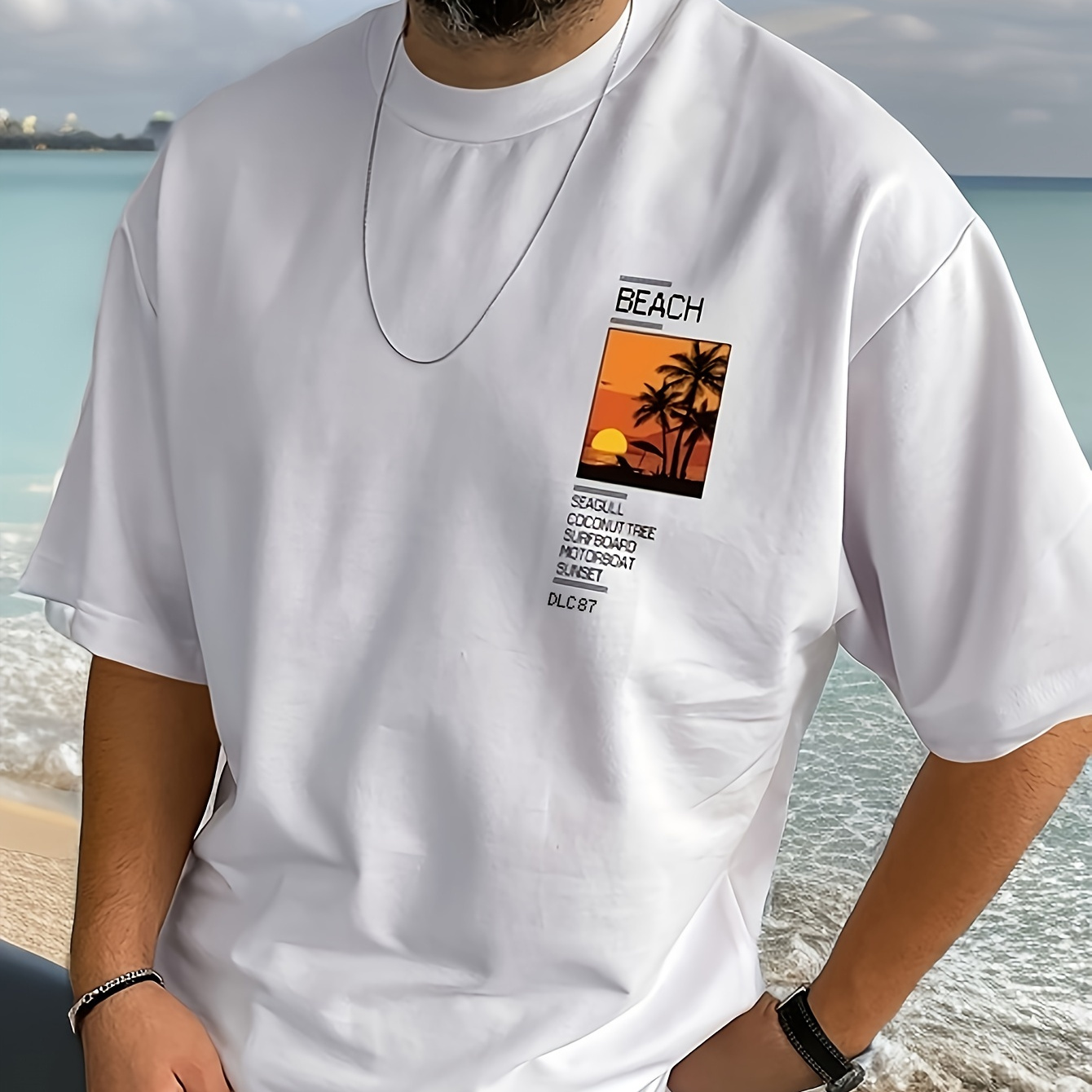 

Beach Print T Shirt, Tees For Men, Casual Short Sleeve T-shirt For Summer