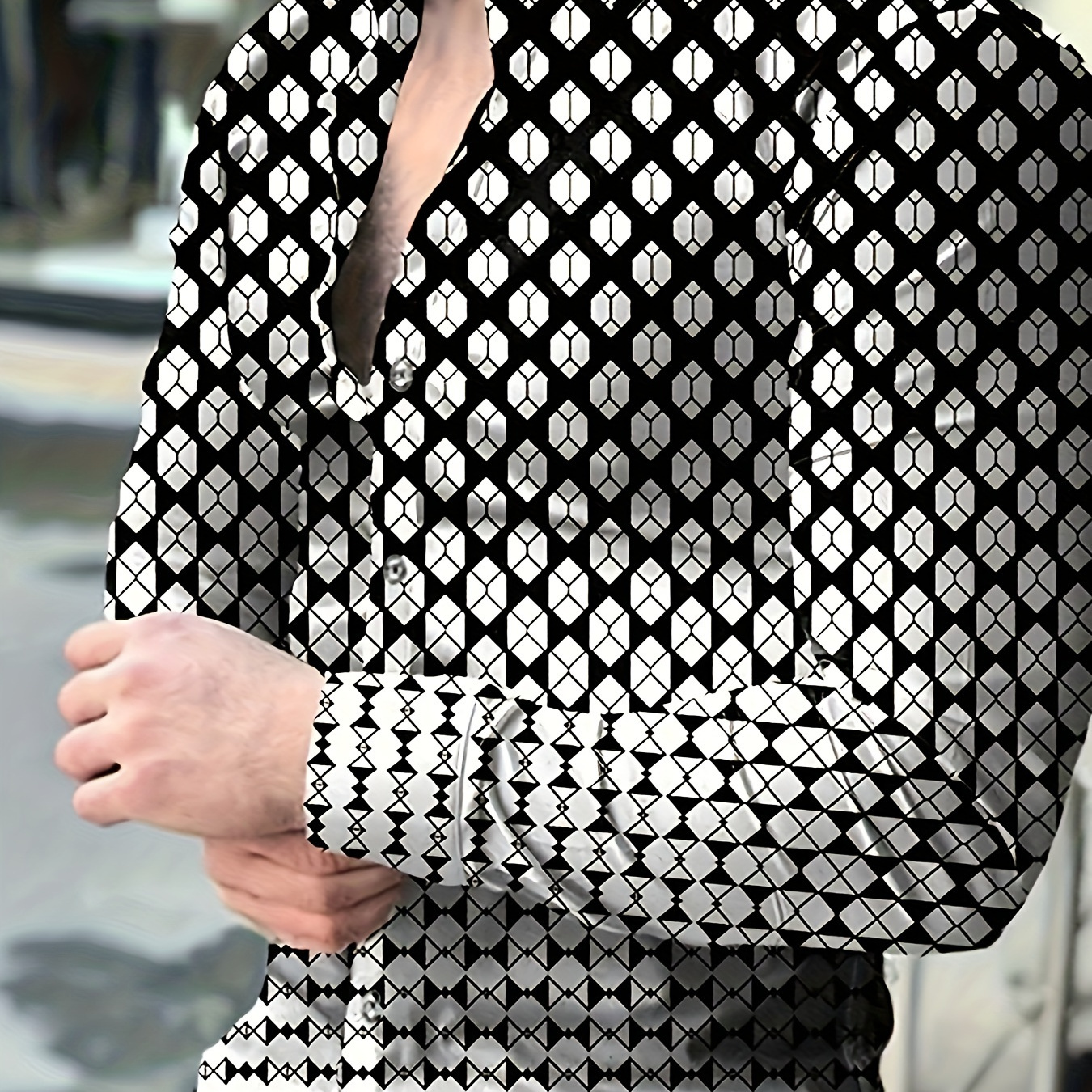 

Stylish Geometric Full Print Men's Long Sleeve Lapel Shirt For Spring Fall, Special Gift For Men