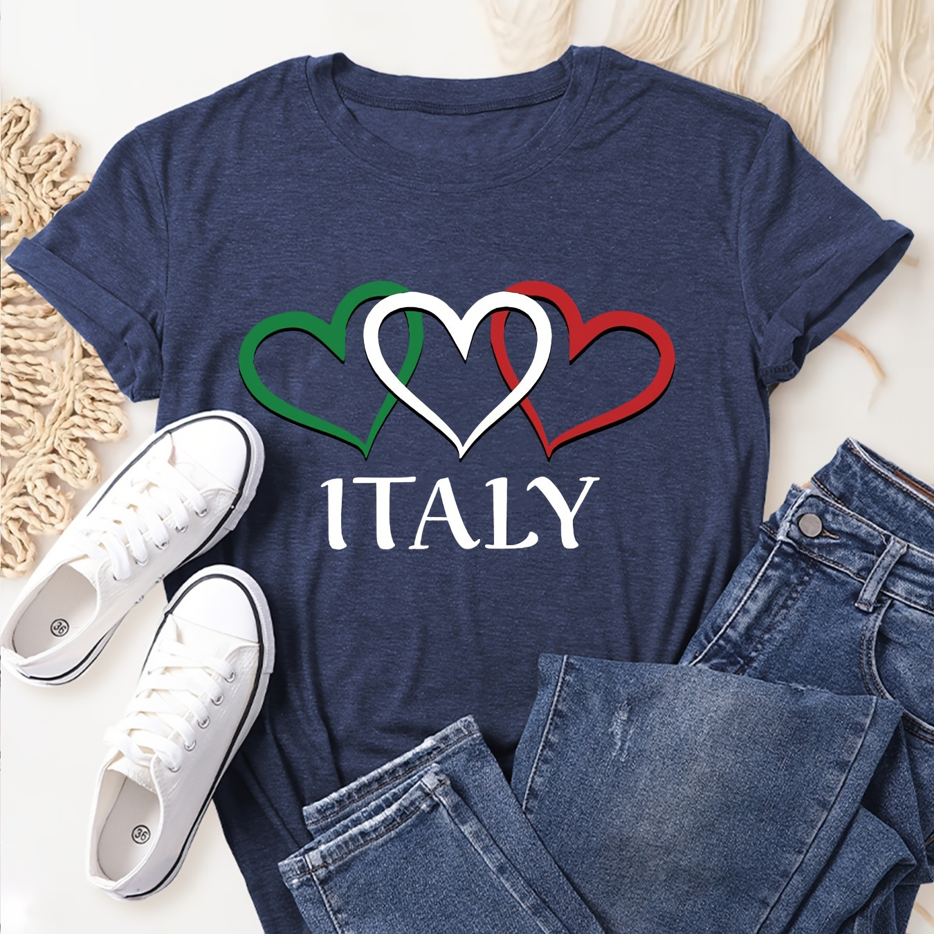 

Italy & Heart Print T-shirt, Short Sleeve Crew Neck Casual Top For Summer & Spring, Women's Clothing