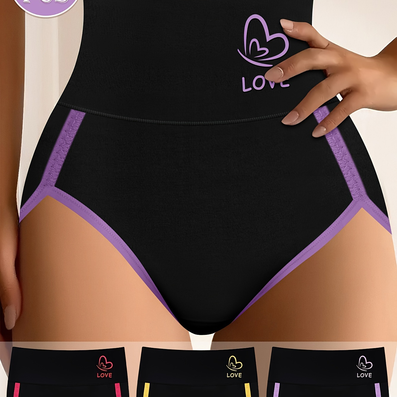 

3pcs Miotan Plus Size Women's Mid-rise Shapewear Panties - Comfortable, Elegant Design Embroidery, Stretch Polyester Blend, Hand Washable - Black With Purple, Pink, Accents, Plus Size Panties