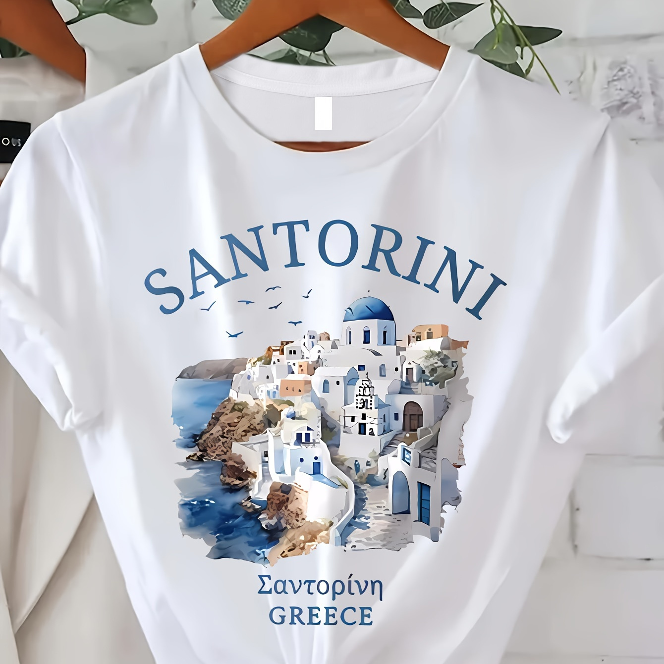 

Santorini Print Crew Neck T-shirt, Short Sleeve Casual Top For Summer & Spring, Women's Clothing