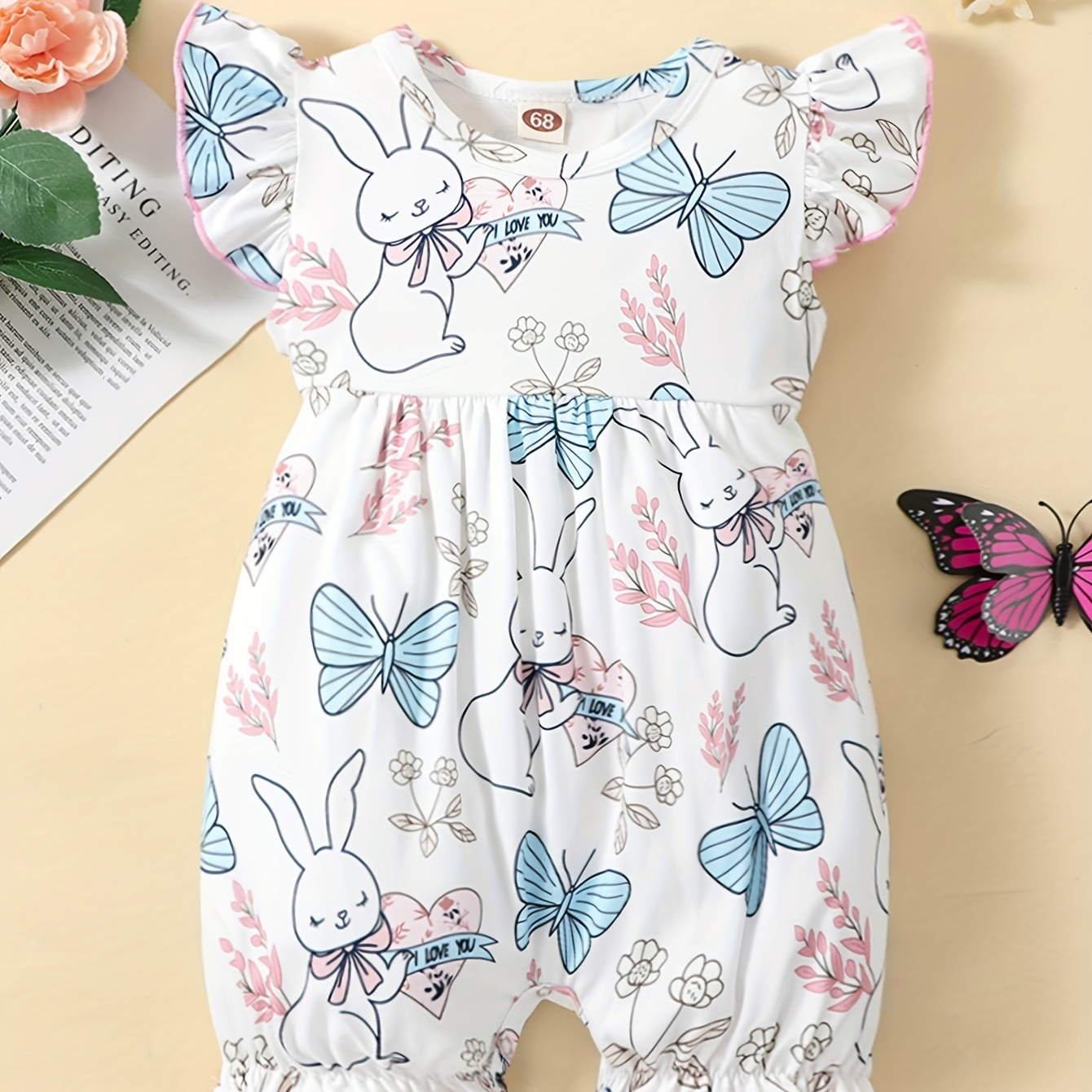 

Baby Girls Casual Cute Butterfly Rabbit Graphic Ruffled Jumpsuit For Summer Holiday Party Baby Clothes