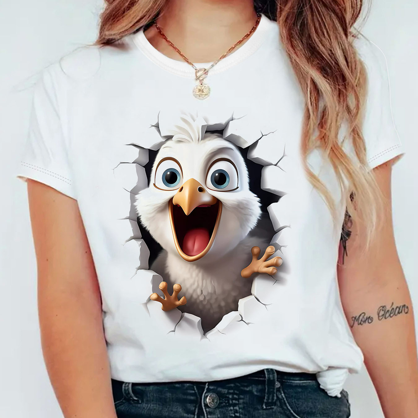 

Funny Bird Print Crew Neck T-shirt, Short Sleeve Casual Top For Summer & Spring, Women's Clothing