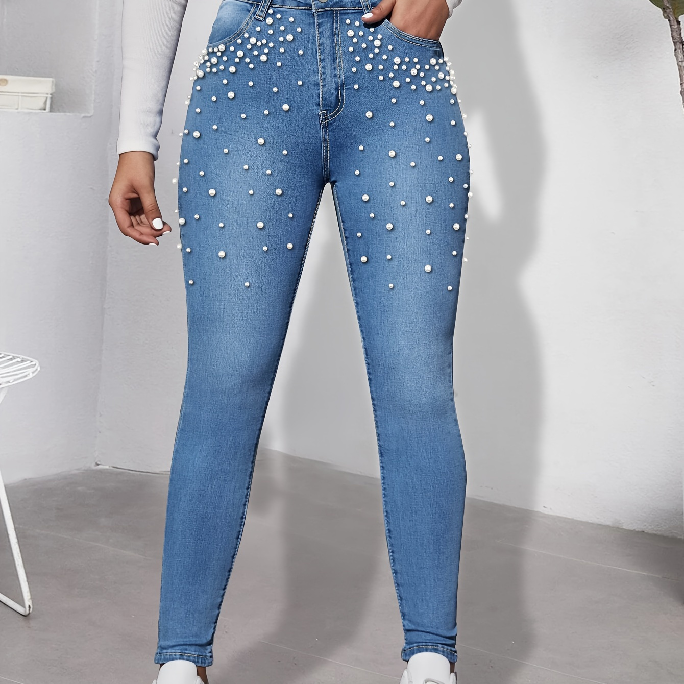 

Faux Pearl Decor Casual Skinny Jeans, Slant Pockets Slim Fit Stretchy Tight Jeans, Women's Denim Jeans & Clothing