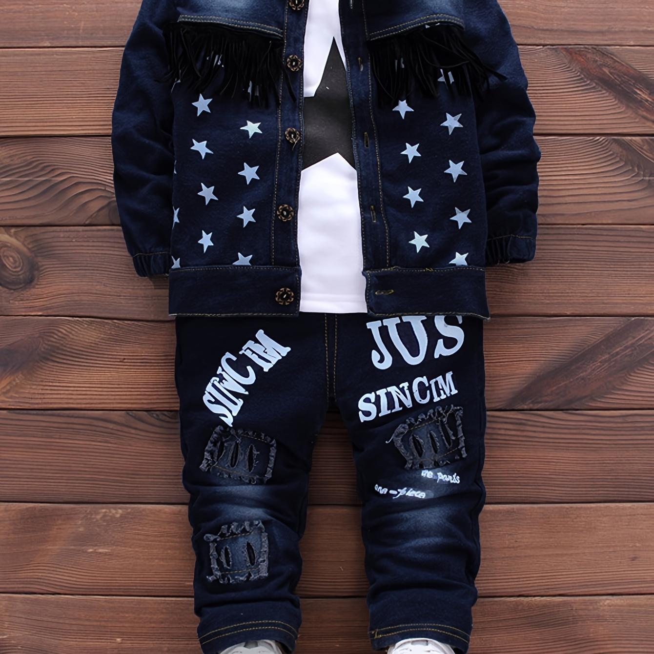 

3pcs Baby Boy's Cowboy Denim Outfit, Tassel Denim Jacket & Star Pattern Long Sleeve Top & Jeans Set, Baby's Clothing, As Gift