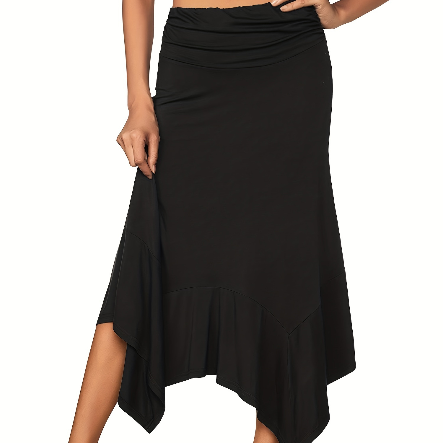 

Solid Asymmetrical Hem Skirts, Casual Ruched Midi Skirts, Women's Clothing