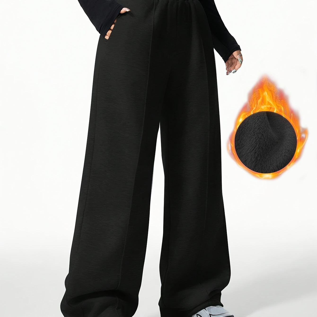 

[1pc Women's Warm Fleece-lined Wide Leg Pants] Women's Casual Wide Leg Pants With Pockets - Solid Color Polyester Knit Fabric Warm Fleece-lined Waist Trousers For Fall/winter